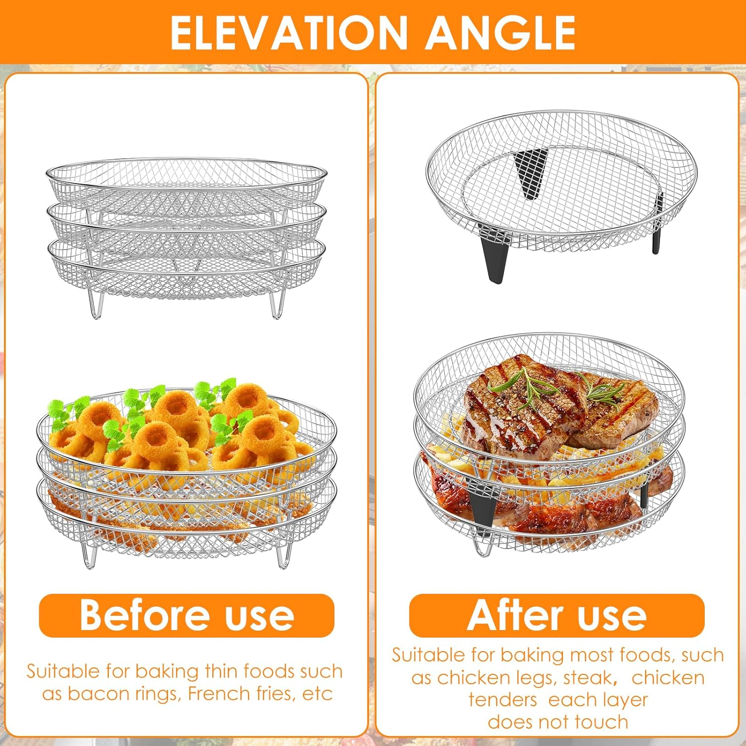 3 Layer Air Fryer Accessories Rack round Stainless Steel Air Fryer Dehydrator Rack Stackable Multifunctional Air Fryer Basket with 8 Silicone Feet 1 Anti-Scald Clip for 4.2-5.8 QT Air Fryer Baking