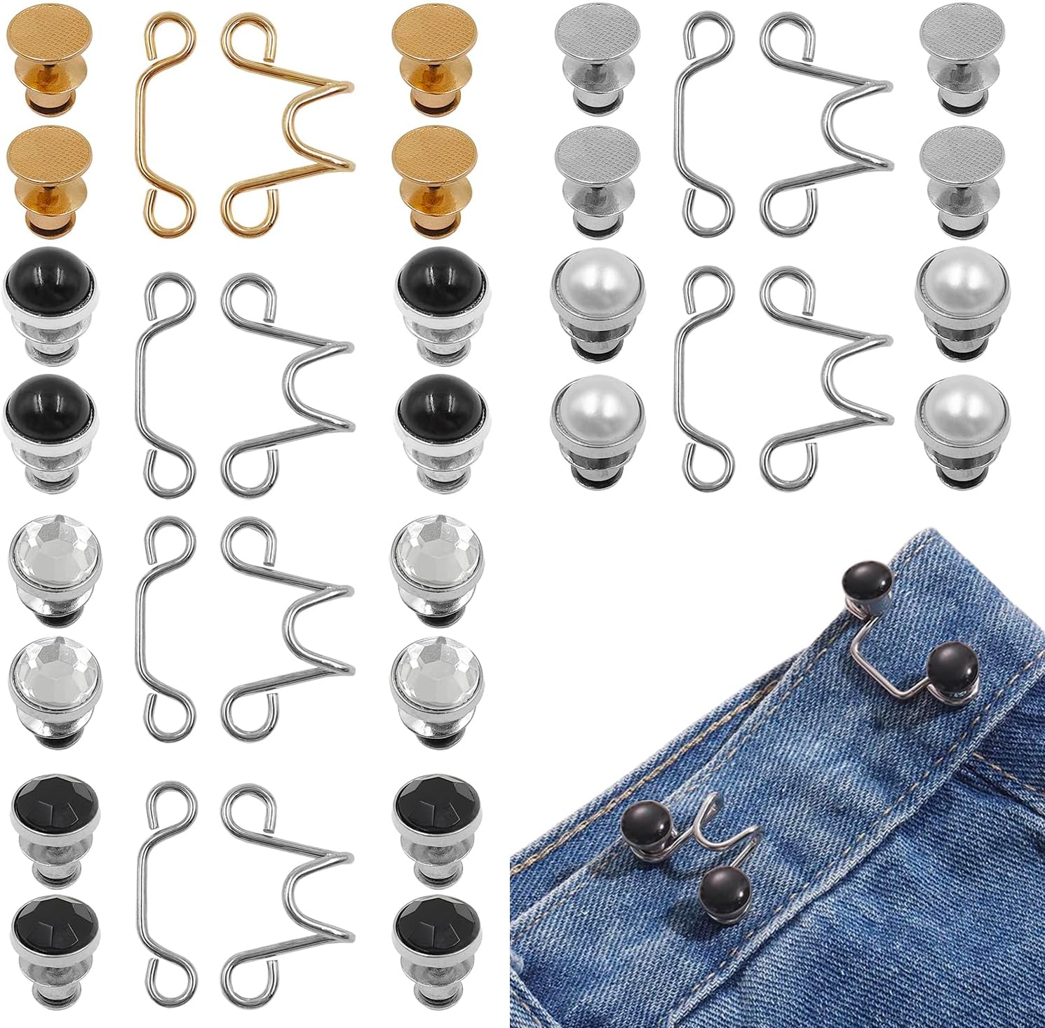 36Pcs Adjustable Waist Buckle Extender, 6 Style Detachable Jean Button Pins No Sewing Required Reusable Jean Buttons, Pant Waist Tightener Clip Snap for Jeans Dress Fit Instant Button for Pants, 6 Set image number 3