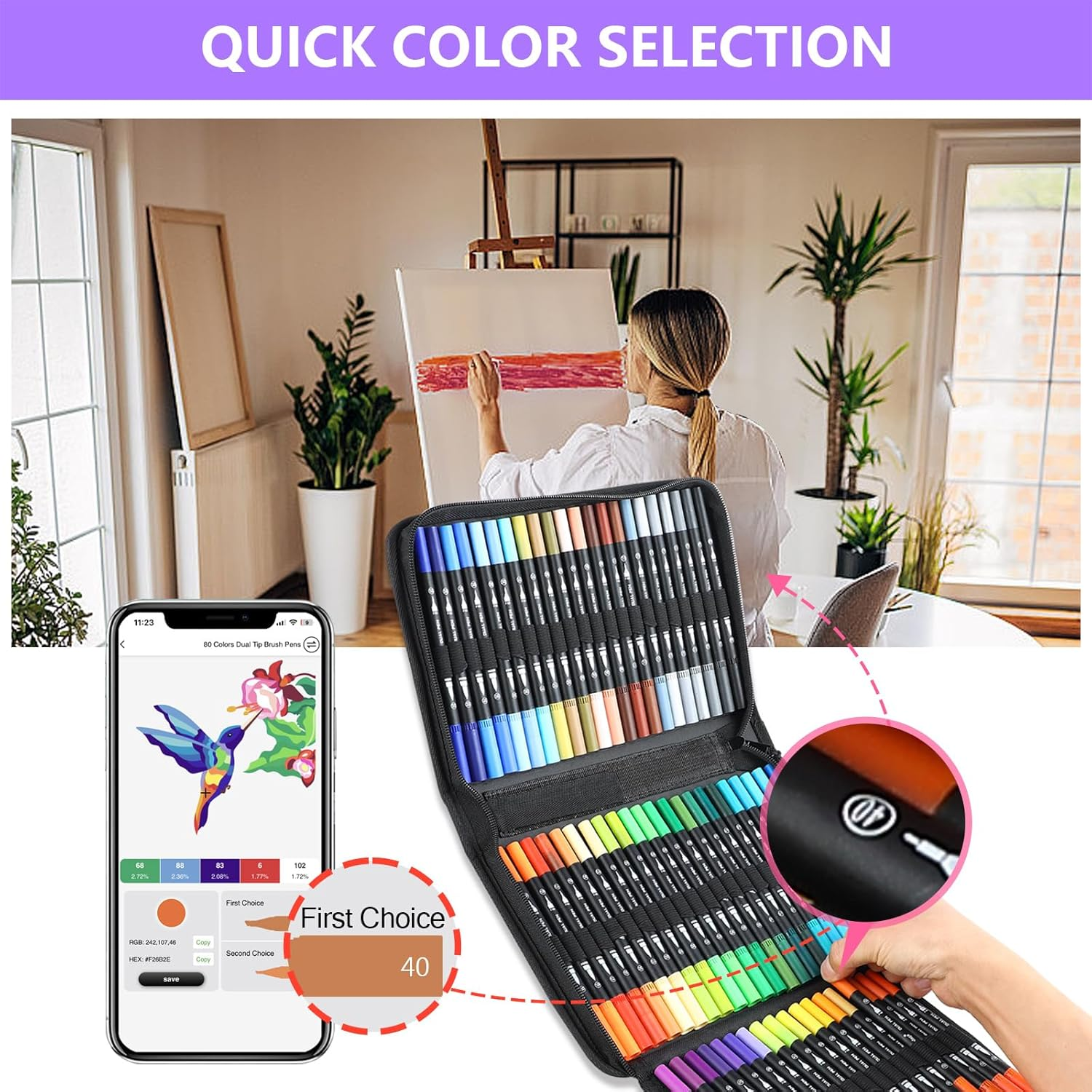 80 Colors Numbered Dual Tip Brush Pens with Free App, Colored Markers for Adults and Kids, No Bleeding Markers Set for Coloring Book, Art Supplier Fine Tip Marker Pens, Bullet Journaling - 120 Colors image number 4