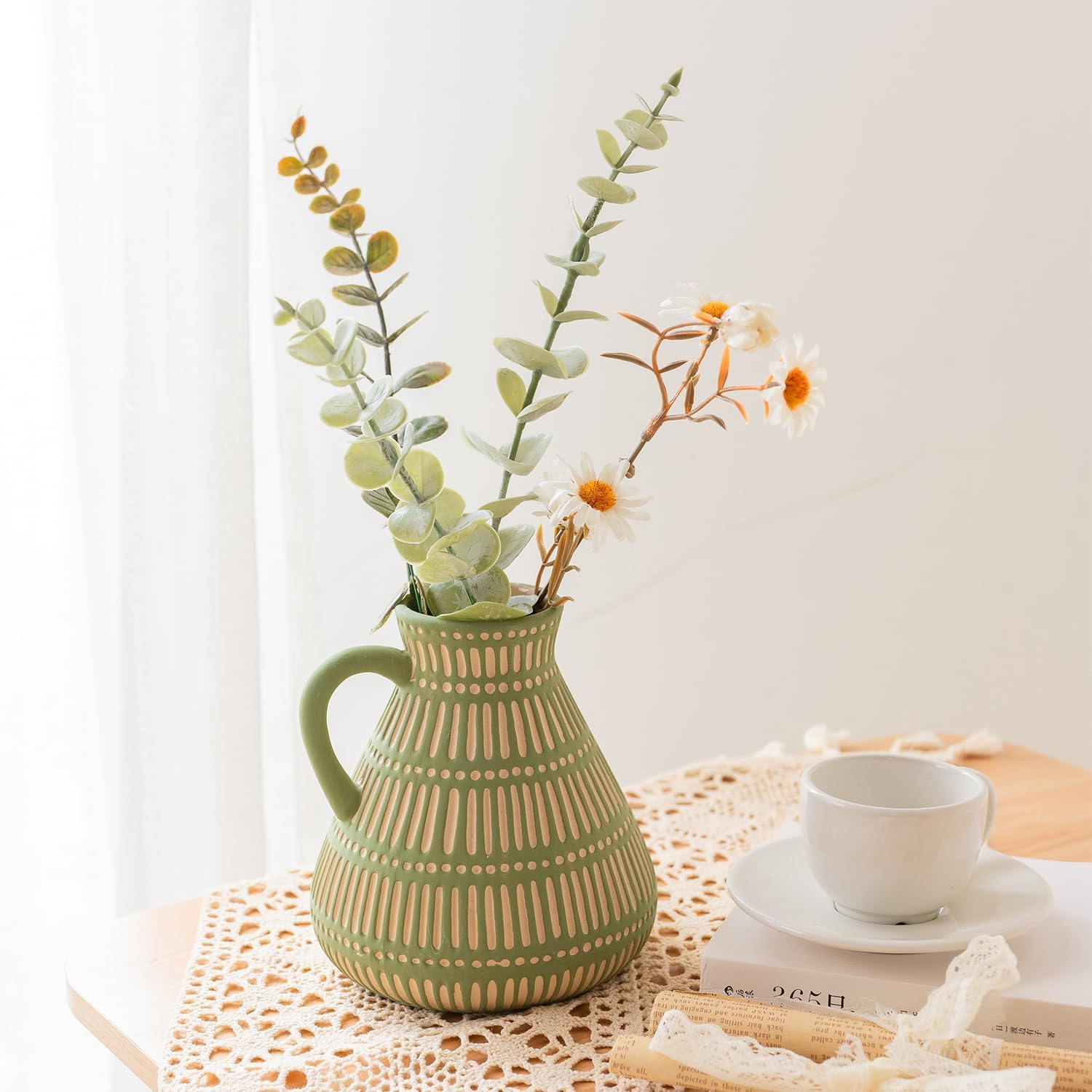 Green Ceramic Boho Vase, Distressed Farmhouse D&eacute;cor, Pottery Decorative Flower Vase for Home Decor, Table, Living Room Decor, Shelf Decor 6 Inches image number 6