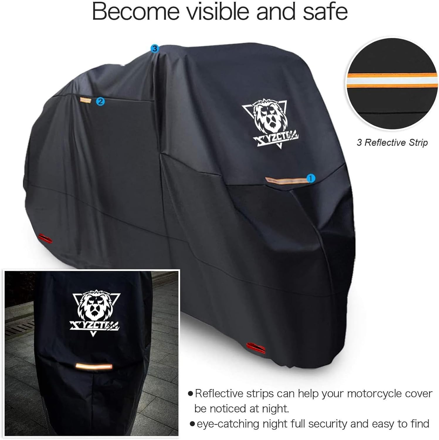 XYZCTEM Motorcycle Cover -Waterproof Outdoor Storage Bag,Made of Heavy Duty Material Fits up to 91 Inch, Compatible with Harley Davison and All Motors(Black& Lockholes& Professional Windproof Strap) image number 2