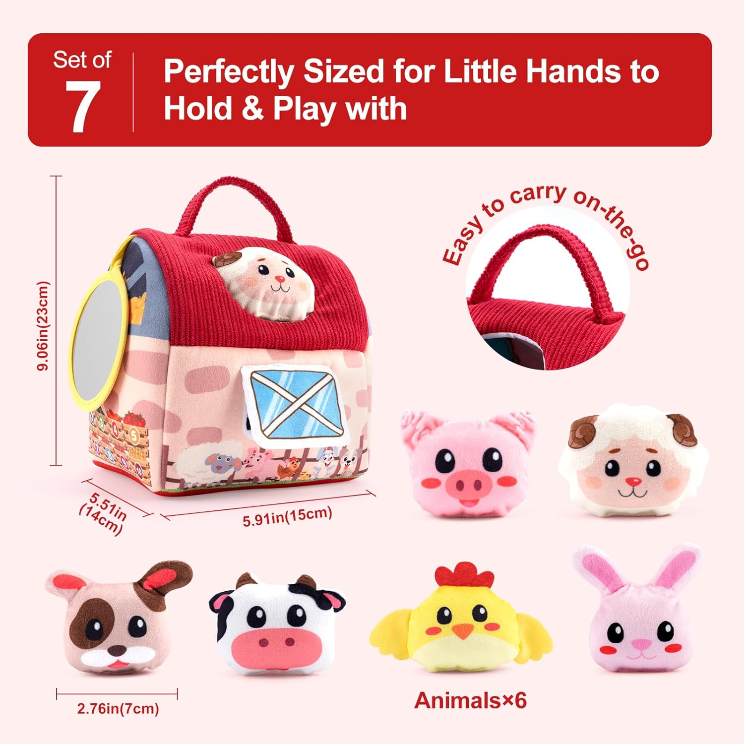 Rayouth Baby Toys 6-12 Months, Soft Barn House with 6PCS Stuffed Farm Animals, Sensory Montessori Toy for Toddlers 1-3, Rattle, Crinkle Sound & Mirror, Infant Boys Girls Developmental Birthday Gifts image number 4