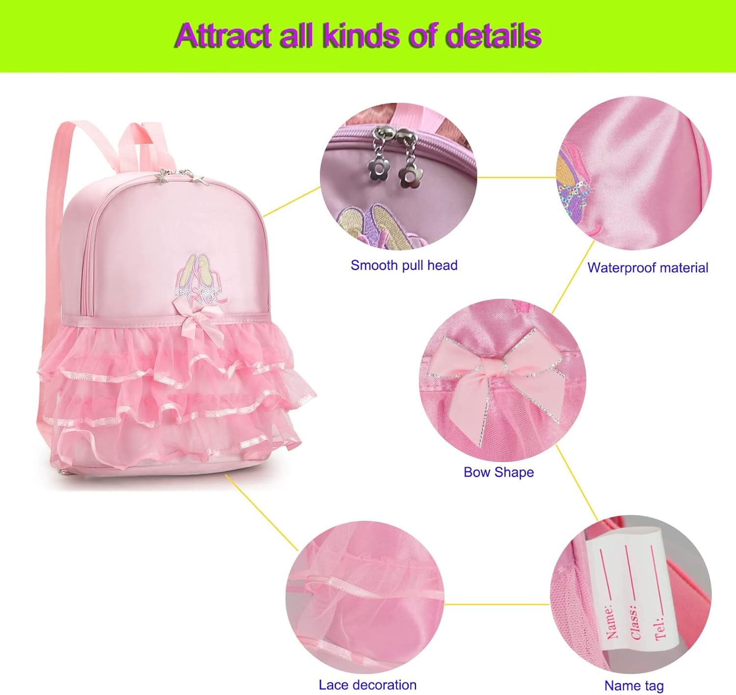 SEHXIM Cute Ballet Dance Backpack Tutu Dress Dance Bag Waterproof Duffle Bag for Kids， Ballet Bags for Girls 4-6 image number 4