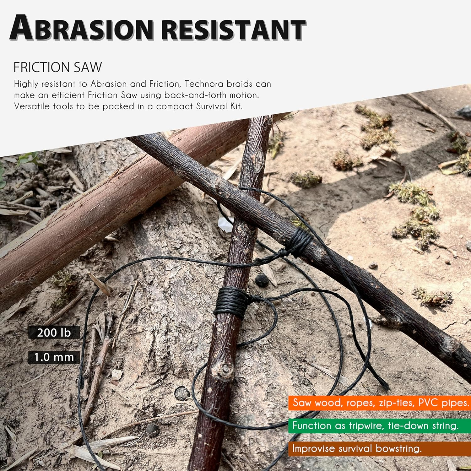 Emma Kites Black 1Mm Technora Braided Cord PU Coated Abrasion & Flame Resistant, 200Lb 120Ft