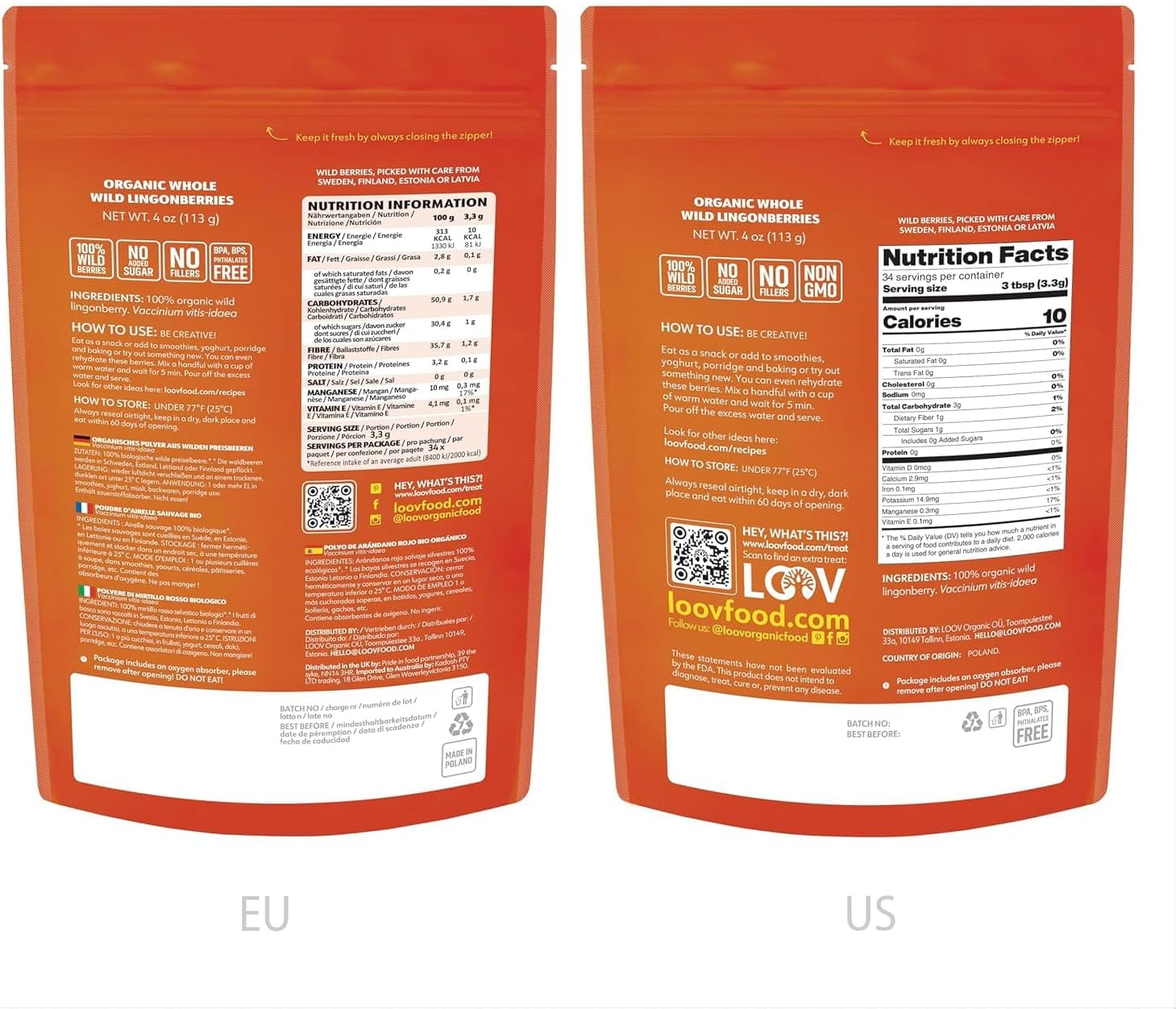 LOOV Freeze Dried Organic Wild Lingonberries, No Sugar Added, 100% Dried Whole Fruit Lingonberries, Wild-Crafted from Northern European Forests, 113 G, 23-Day Supply, Non-Gmo image number 4