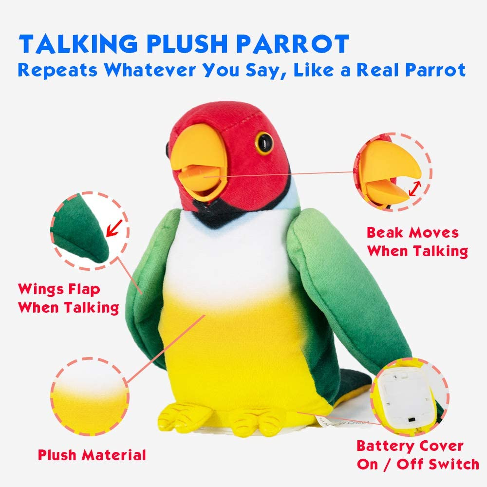 Weofferwhatyouwant Talking Parrot Stuffed Animal - Interactive Voice Repeating Plush Toy with Moving Mouth & Wings - Playtime and Family Fun for Kids and Adults