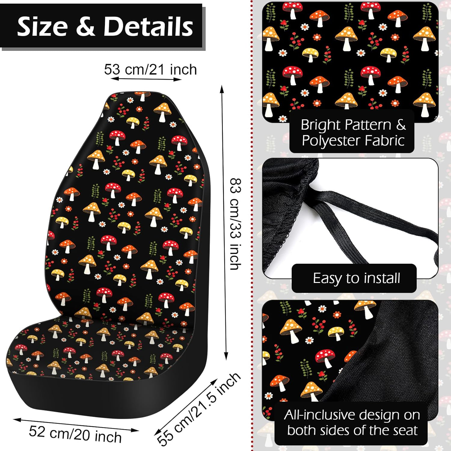 Riakrum 17 Pcs Mushroom Car Seat Covers Mushroom Car Accessories Full Set for Women Men Automotive Rear Front Seat Protector View Mirror Hanging Ornament Steering Wheel Belt (Cute Retro Mushroom) image number 4