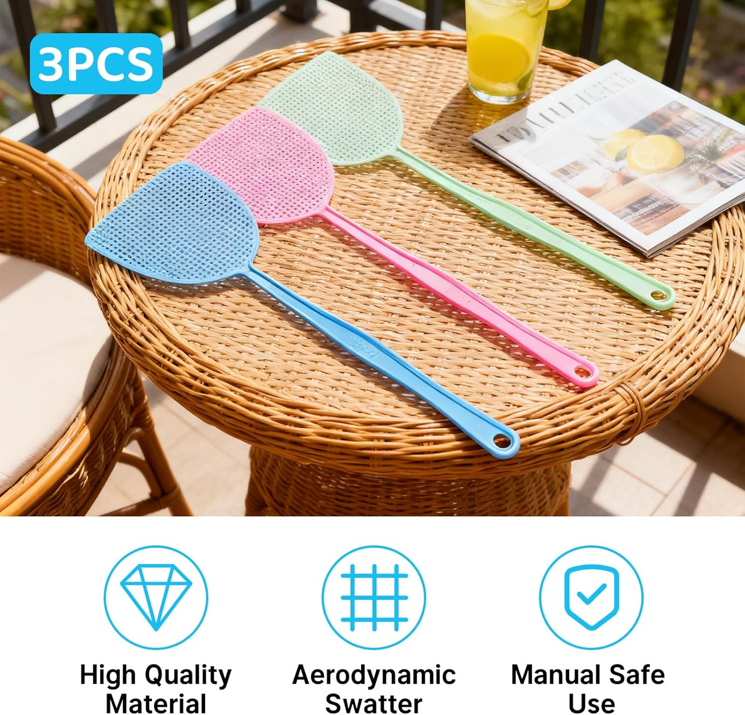 3Pcs Fly Swatter, 16.54 Inch Flexible Long Handle Fly Swat Set, Plastic Manual Mosquito Pest Swatters for Kitchen, Baby Nursery, Camping & Outdoor Activities, 3 Colors image number 2