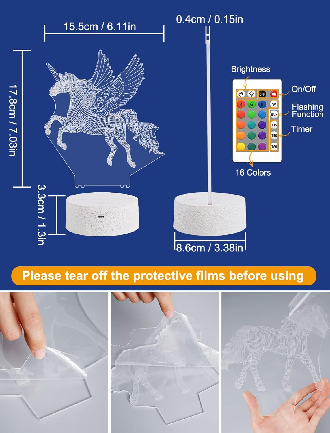 FULLOSUN Unicorn Night Light for Girl, Unicorn Girl Lamp 3D Illusion,16 Colors Changing Remote Control Nightlight, Fairy Room Decor Birthday Xmas Gift to Girl Kid Daughter image number 3