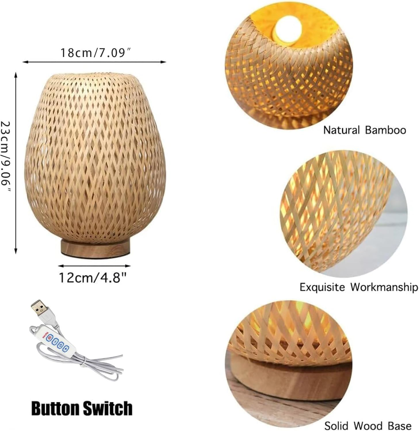 Handmade Bamboo Woven Table Lamp, 3 Color and Stepless Dimmable Small beside Lamp, Vintage Wooden Base Nightstand Lamp, Decorative Reading Light for Bedroom, Living Room, Kids Room. image number 4