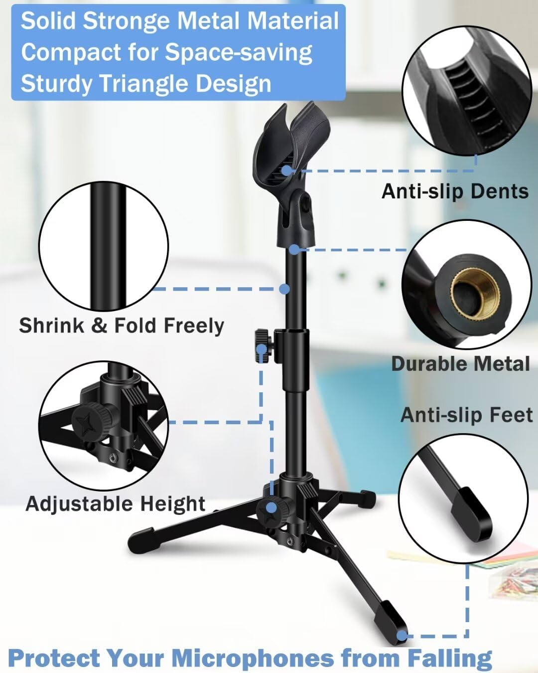 Mictop Desktop Mic Stand Portable Foldable Tripod with Mic Clip Holder Adjustable Microphone Stand for Dynamic Microphone like Samson Q2U Shure SM58 SM57 PGA48 PGA58 Etc. image number 2