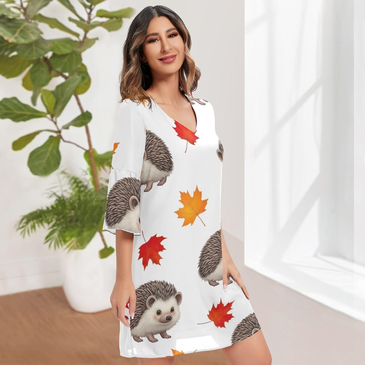 Hedgehog Fall Leaves Chiffon Dress Printed Line Maternity Dress image number 3