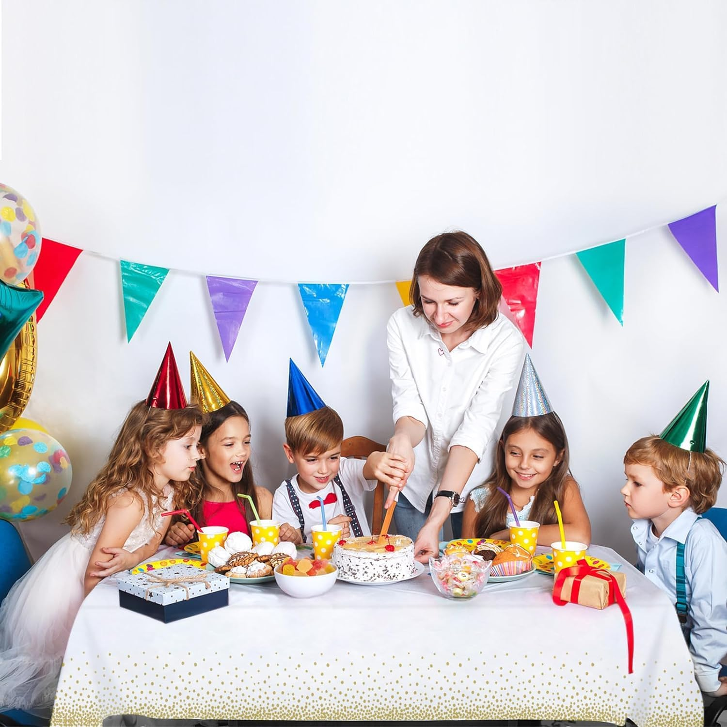 4 Pack Disposable Plastic Tablecloths, 54" X 108" Plastic Rectangle Whitegold Dot Tablecloths for Indoor or Outdoor Tables Parties Christmas Picnic Birthdays and Weddings image number 6