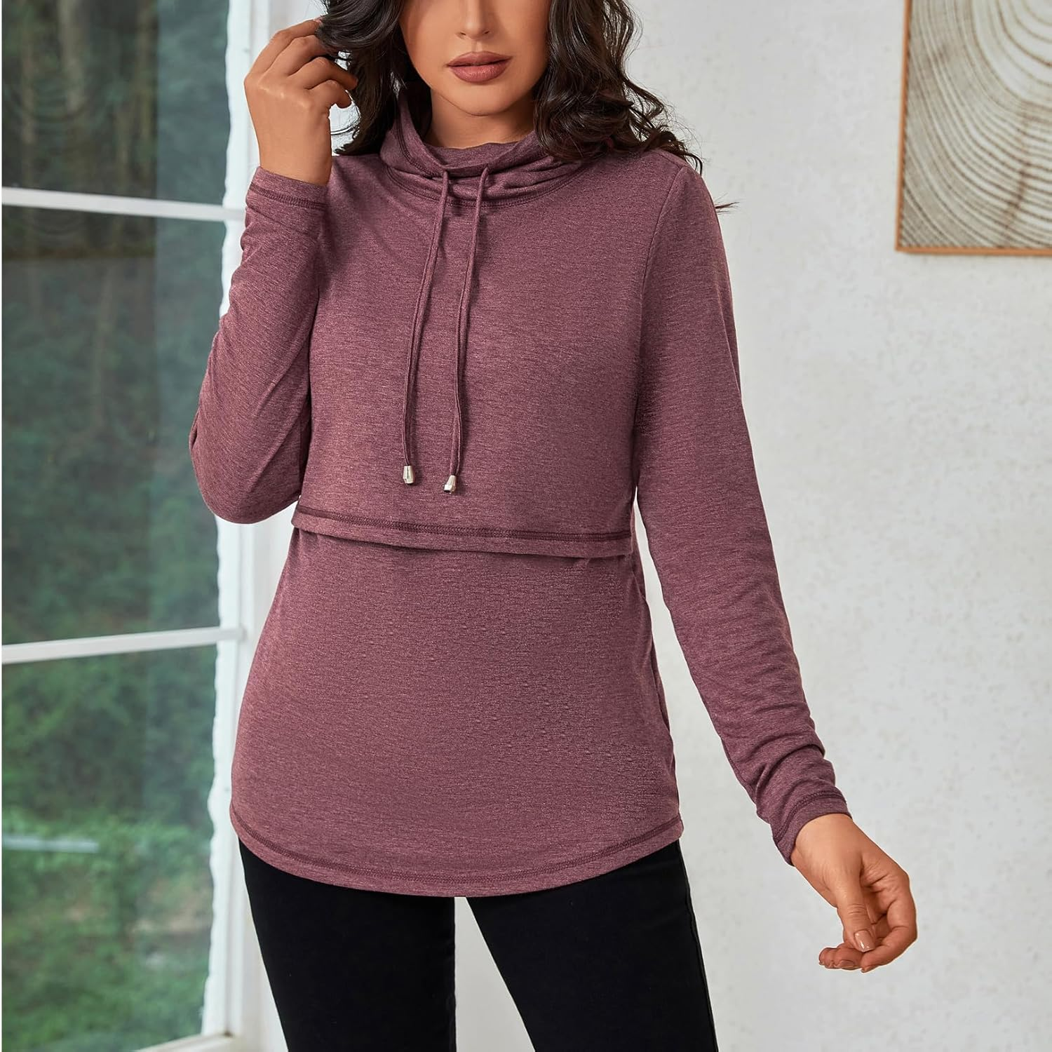 GINKANA Womens Nursing Tops Breastfeeding Sweatshirts Shirts Long Sleeve Drawstring Cowl Neck Nursing Tee Shirts Blouse image number 5