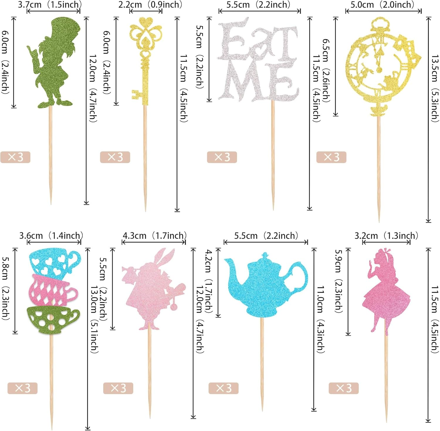 24 Pack Alice in Wonderland Cupcake Toppers Glitter Bowl Key Clock Fairy Eat Me Cupcake Picks Tea Party Cake Decorations for Baby Shower Kids Boys Girls Birthday Party Decoration Supplies image number 5