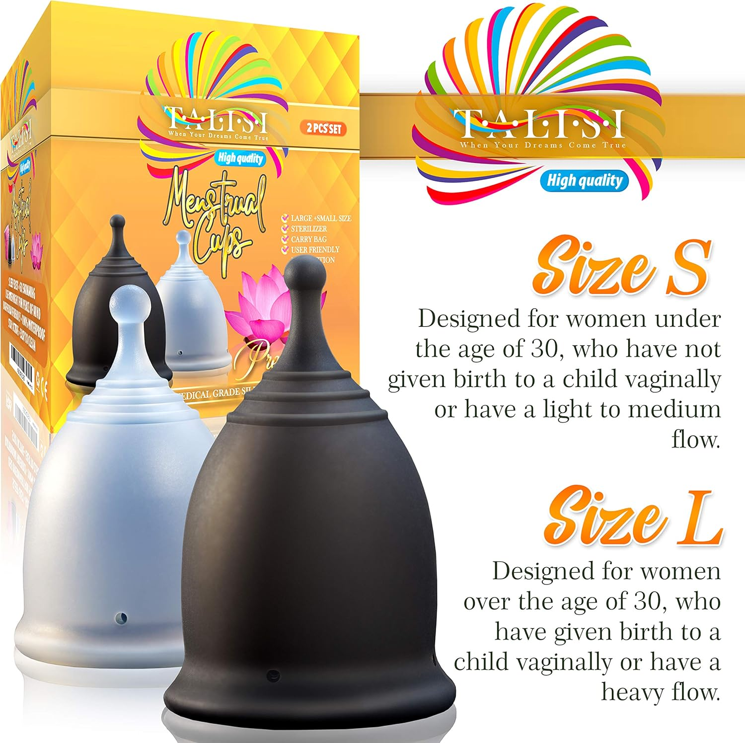 Talisi Reusable 2 Menstrual Cups - Period Cup Set for Women with Collapsible Sterilization Cup and Travel Bag - Feminine Menstruation Alternative to Tampons - Regular and Heavy Flow image number 5