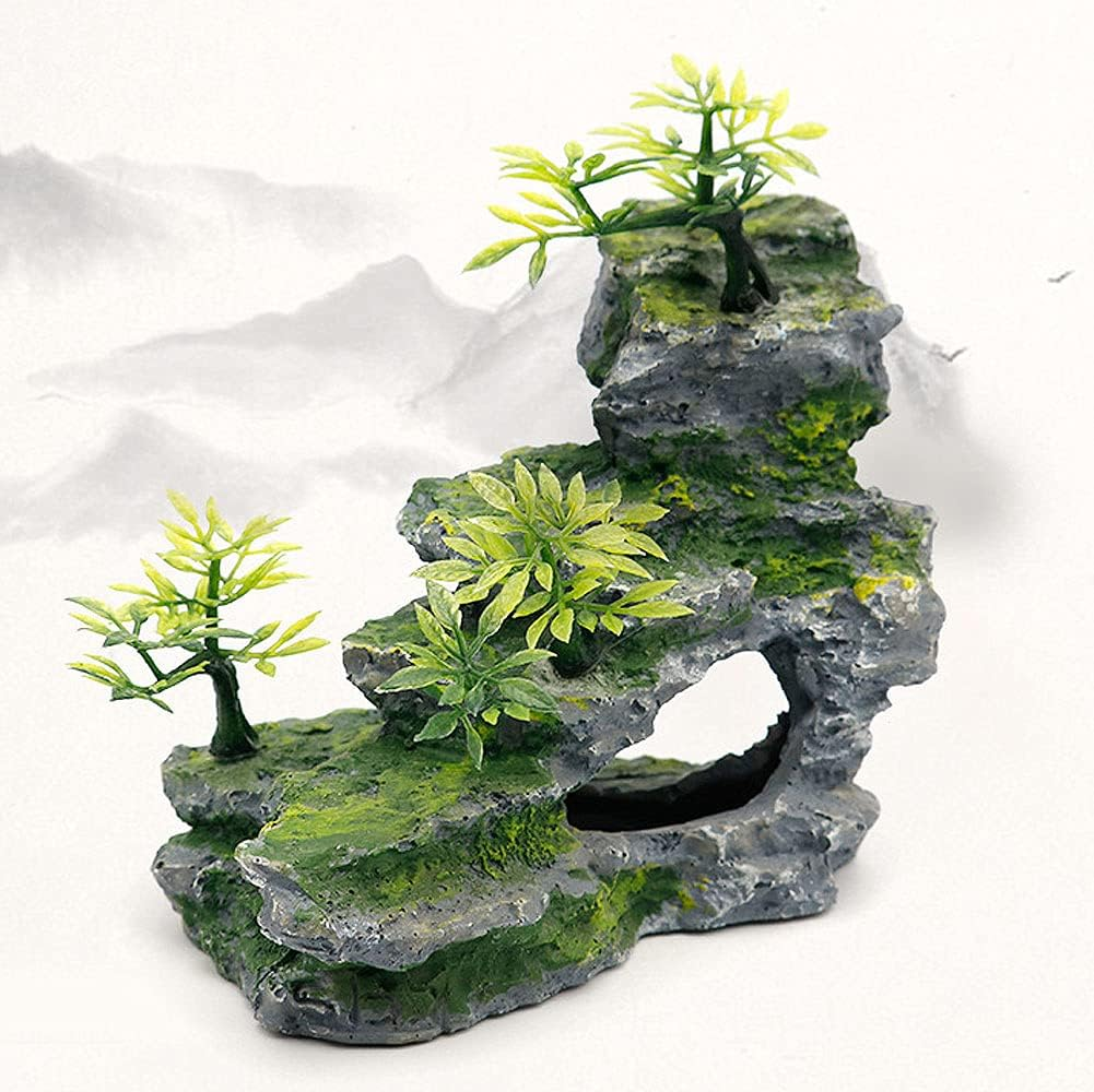 Ibwell Aquarium Ornament Rock Cave Landscape Artificial Mountain View Stone with Moss Tree Fish Tank Decoration (#Hill A) - Hill A image number 2