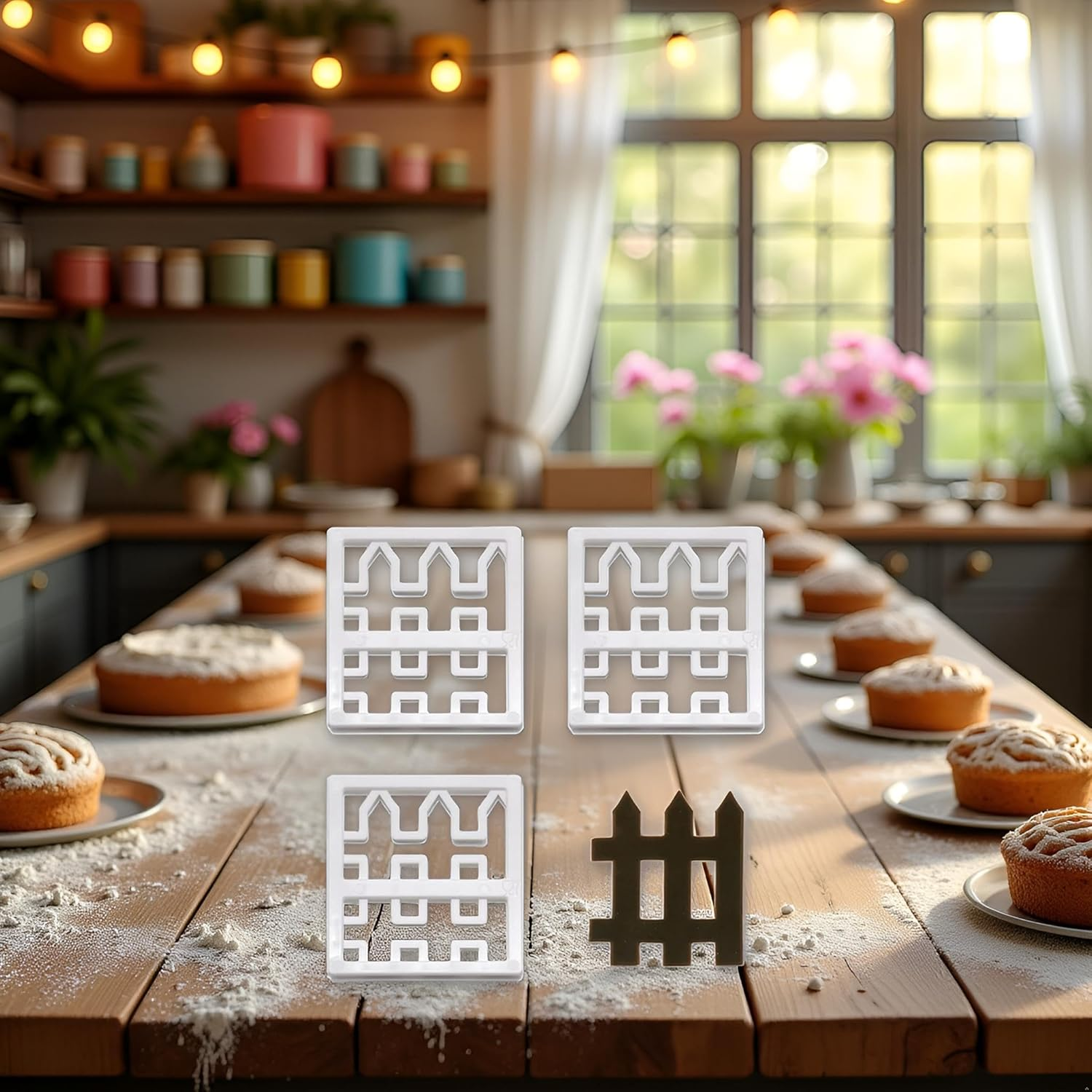 4 Pcs Plastic Fence Fondant Molds Cookie Cutter Mold Fondant Cake Cutting Molds for Baking Room Coffee Shop Cookie DIY Cake Border Decoration Baking Tools and Accessories, Bakeware（White） image number 1