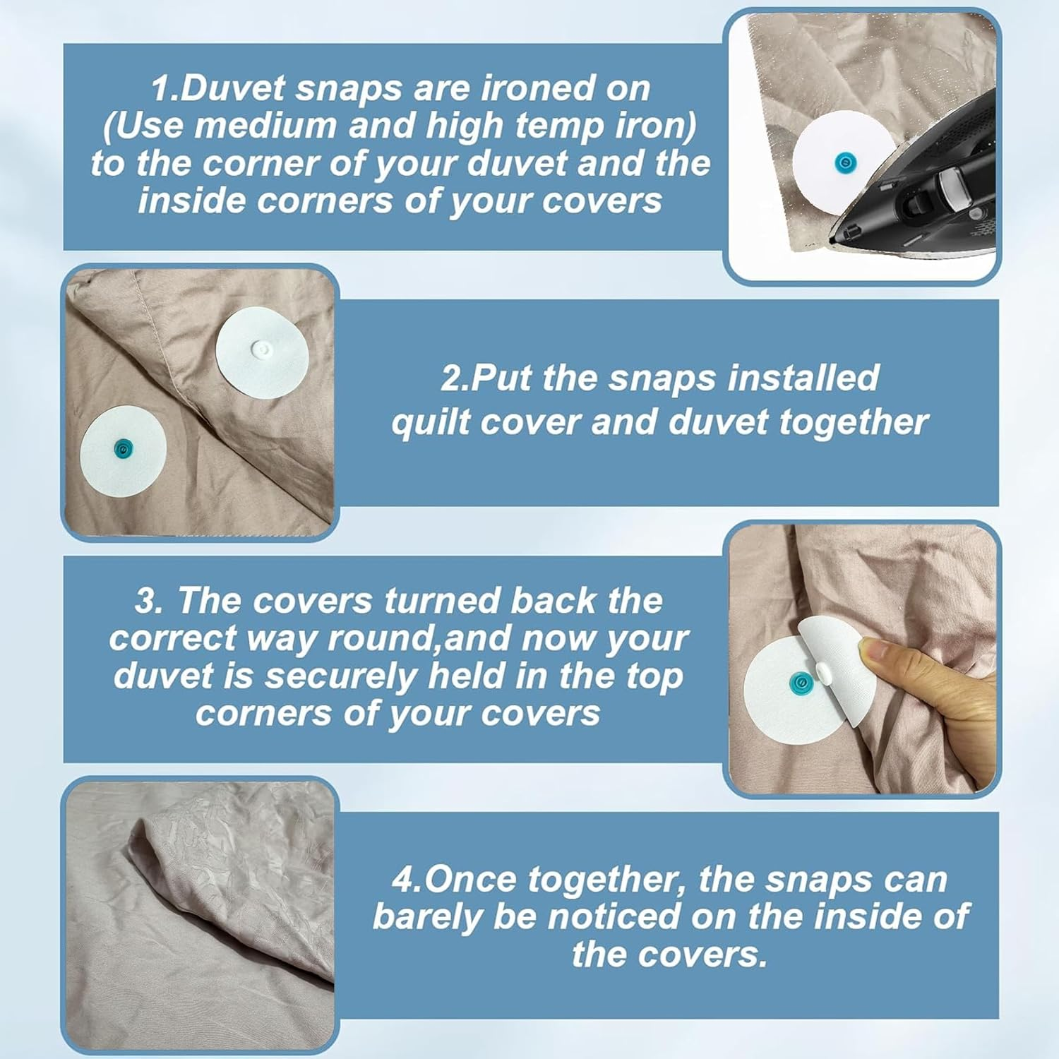 20 Pcs (10 Pairs) Duvet Snaps - Prevent Comforter Duvet Cover Snaps Fasteners - Iiron on Duvet Snaps -Corner Keepers Prevent Duvet from Shifting in the Quilt Cover Fits All Thickness Quilt Sheets