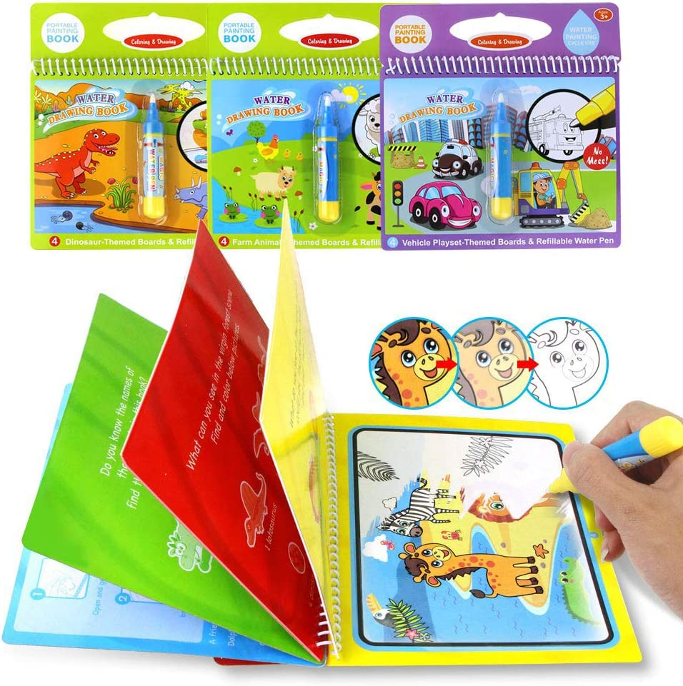 Jenilily Water Coloring Books with Pen Painting Board for Children Drawing Toy (Dinosaur & Cartoon Animal & Vehicle) image number 4