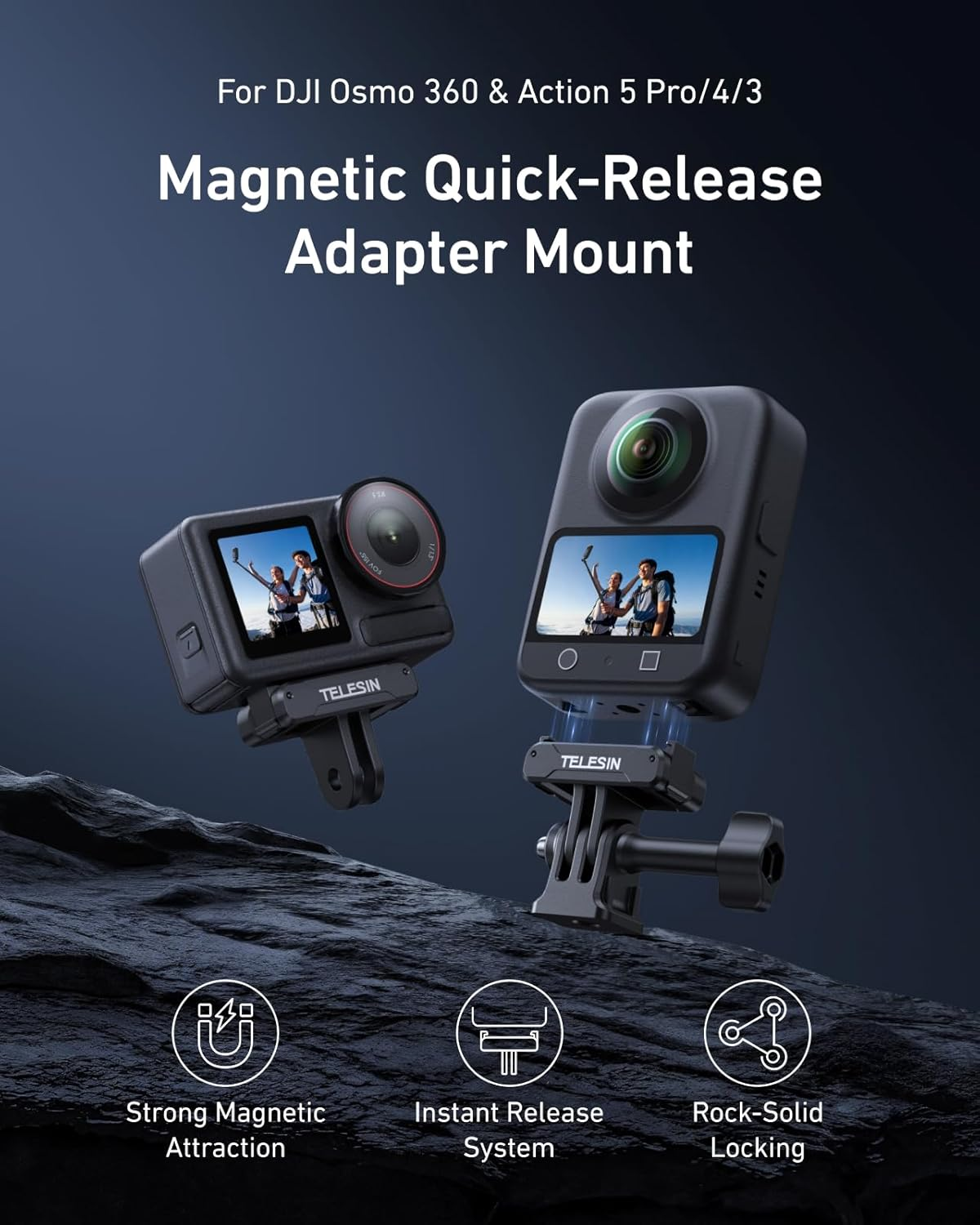 TELESIN Magnetic Quick Release Adapter Mount for DJI Osmo Action 5Pro 4 3 DJI Osmo 360 Accessories, with Triple Claw 1/4" Screw Hole Adapter Base, Bracket Expansion for Selfie Stick Tripod Accessories image number 1