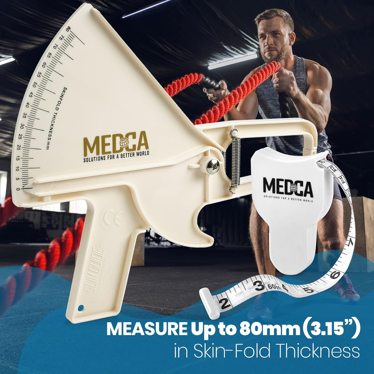 Pro Skinfold Caliper and Body Measurement Tape - Precision Body Fat Tool plus BMI Chart - Accurately Measure and Gauge Body Fat Help Track Weight Loss, Achieve Fitness Goals for Men and Women, White