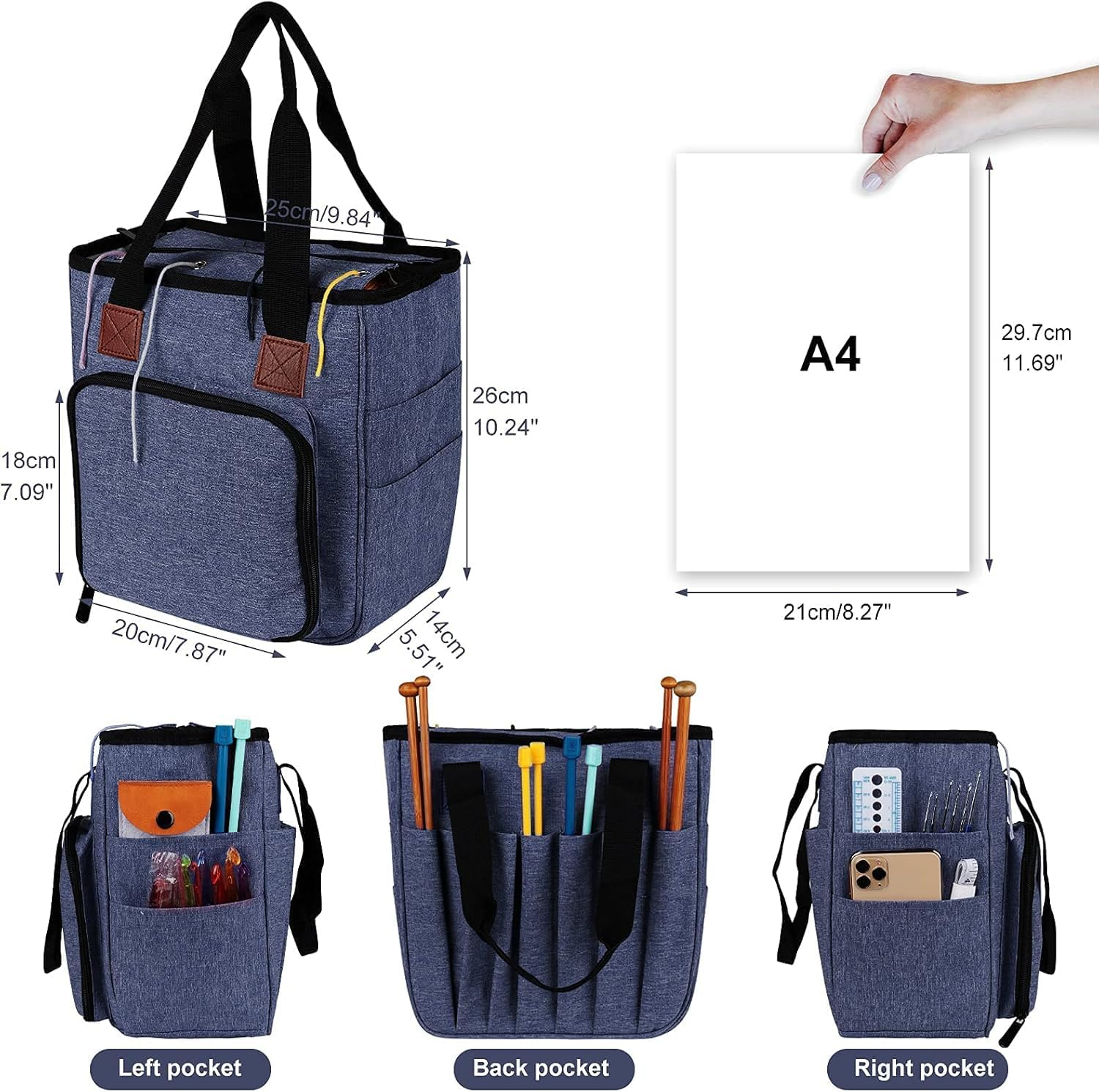 Knitting Bag Yarn Storage Organizer, Portable Knitting Tote Basket Yarn Bags for Crochet Hooks, Crocheting Kit, Knitting Needles, Yarn Balls, Project & Sewing Supplies (Navy) - Sky Blue image number 2