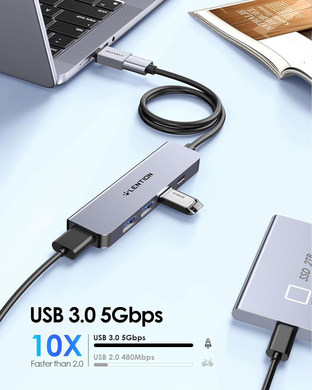 Lention 2FT Long Cable USB 3.0 Hub Multiport Adapter, Ultra-Slim Data USB a Hub with 4 USB 3.0 Port & 5V/3A USB C Power Supply Port for Laptop, PC, Macbook, Imac, Xbox, PS4/PS5, Hard Drive, More image number 2
