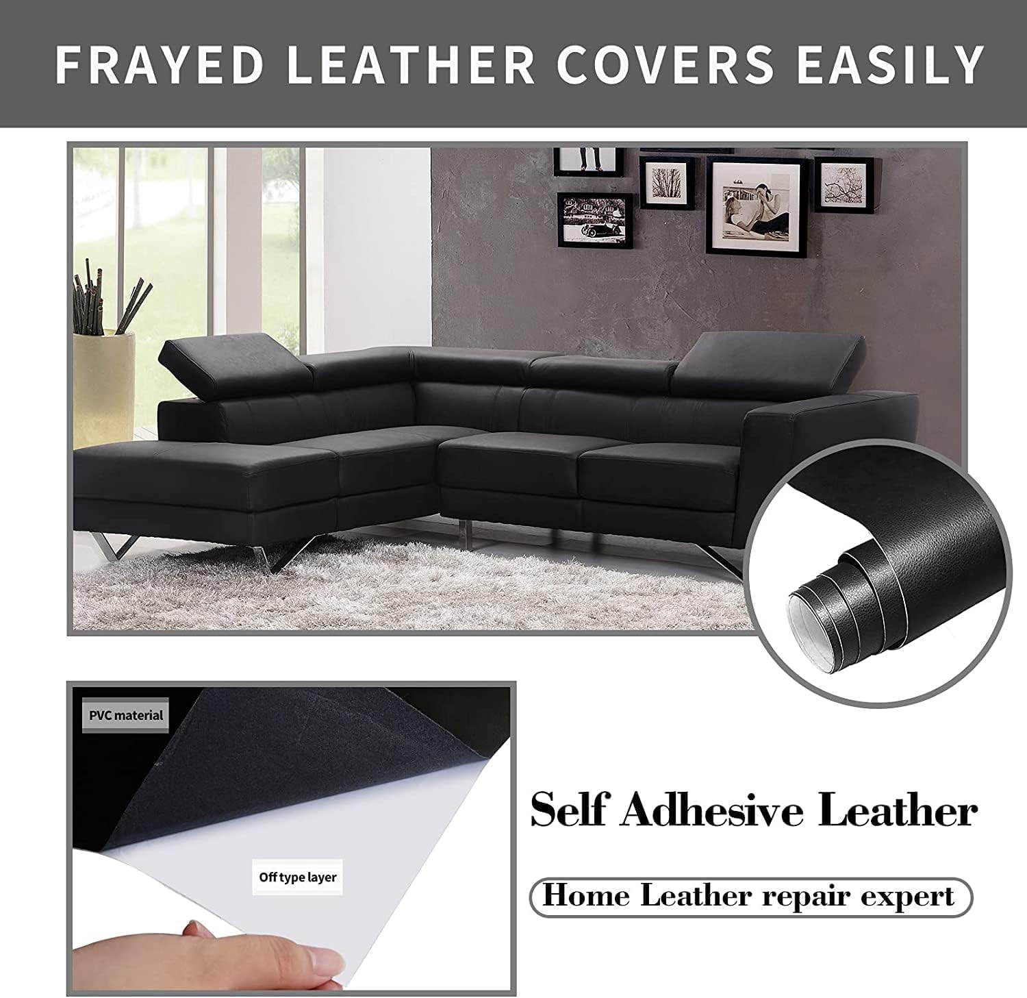 Leather Repair Patch, 17X79 Inch Self Adhesive Leather Repair, Large Vinyl Patch Tape for Couches, Furniture, Car Seats, Cabinets, Wall, Handbags （Black, 17X79 Inch） image number 3