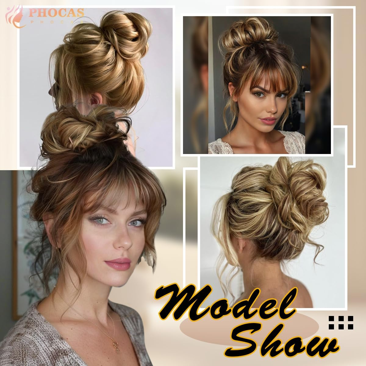 PHOCAS Messy Buns Hair Pieces for Women Curly Bun Hair Piece Fluffy Bun Extensions for Women(Highlightbrown) Daily Use