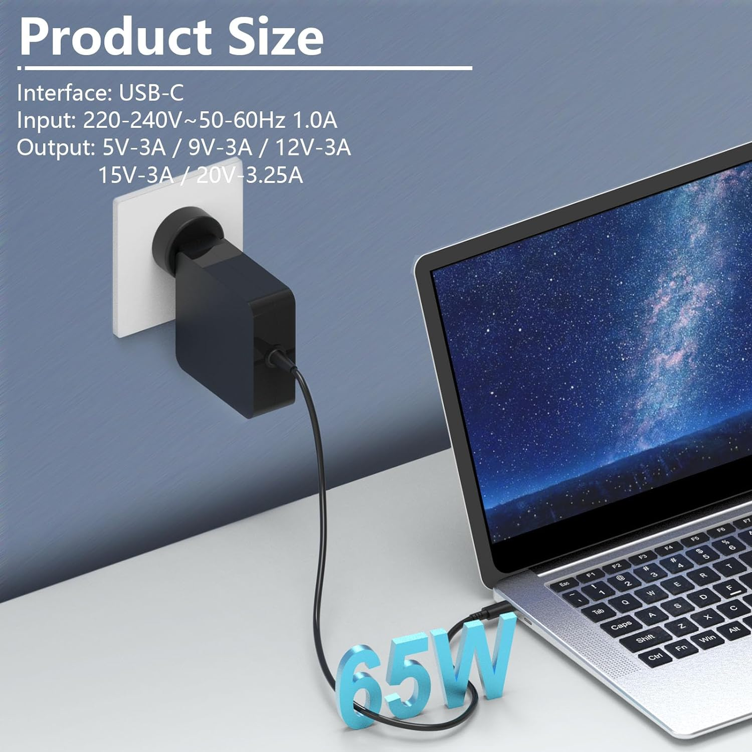 65W 45W Universal USB Type C Laptop Charger Compatible with Asus Chromebook Zenbook C302 C403 C433T C436 C523N, Lenovo Thinkpad Yoga, HP Elitebook Spectre Envy, Acer Mac Replacement Power Adapter -H image number 5