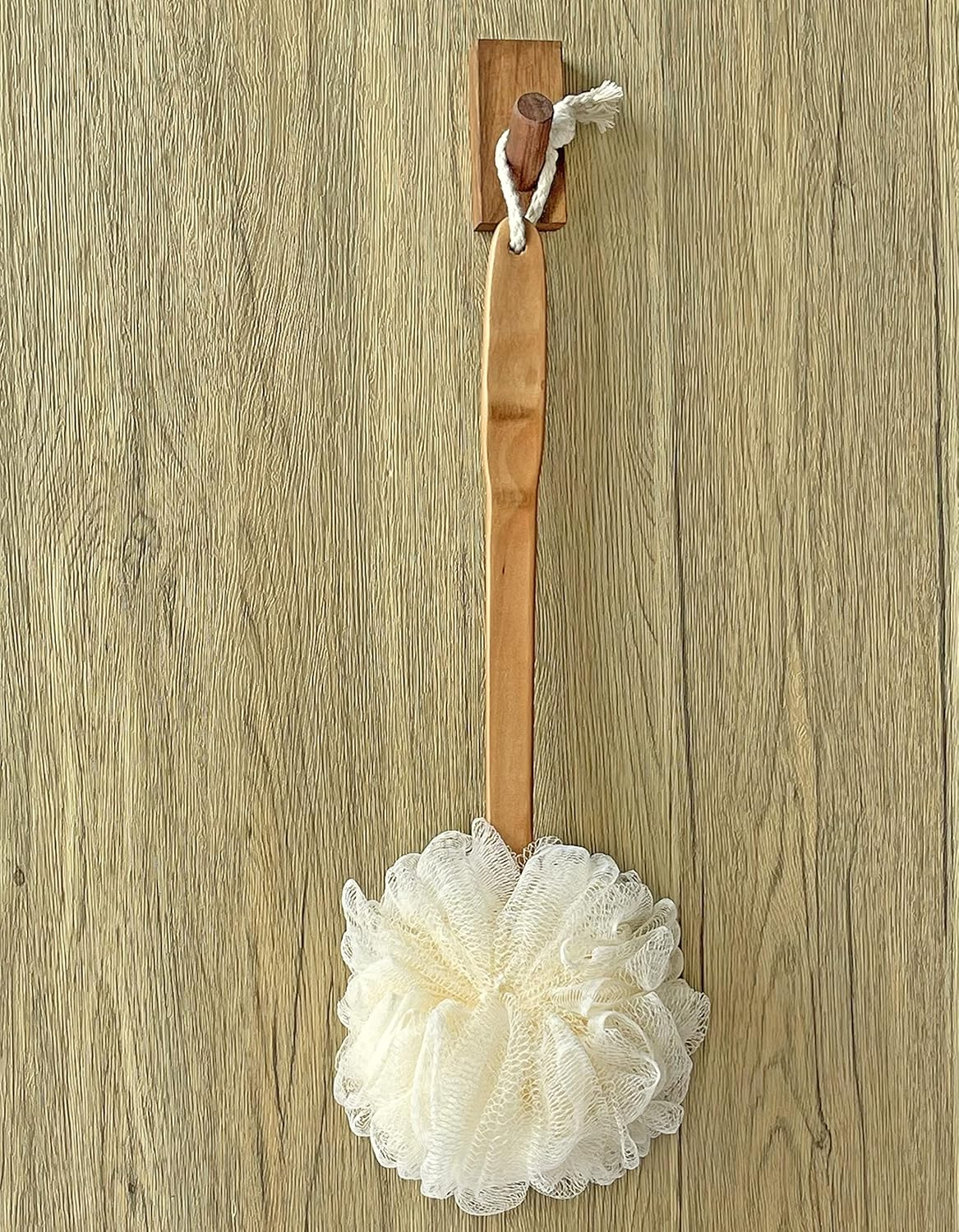 Shower Loofah Body & Back Scrubber - Exfoliating Loofah Bath Brush on a Stick - with Long Wooden Handle Back Brush for Men & Women - Easy Reach Body Wash & Lotion Applicator（White） image number 3