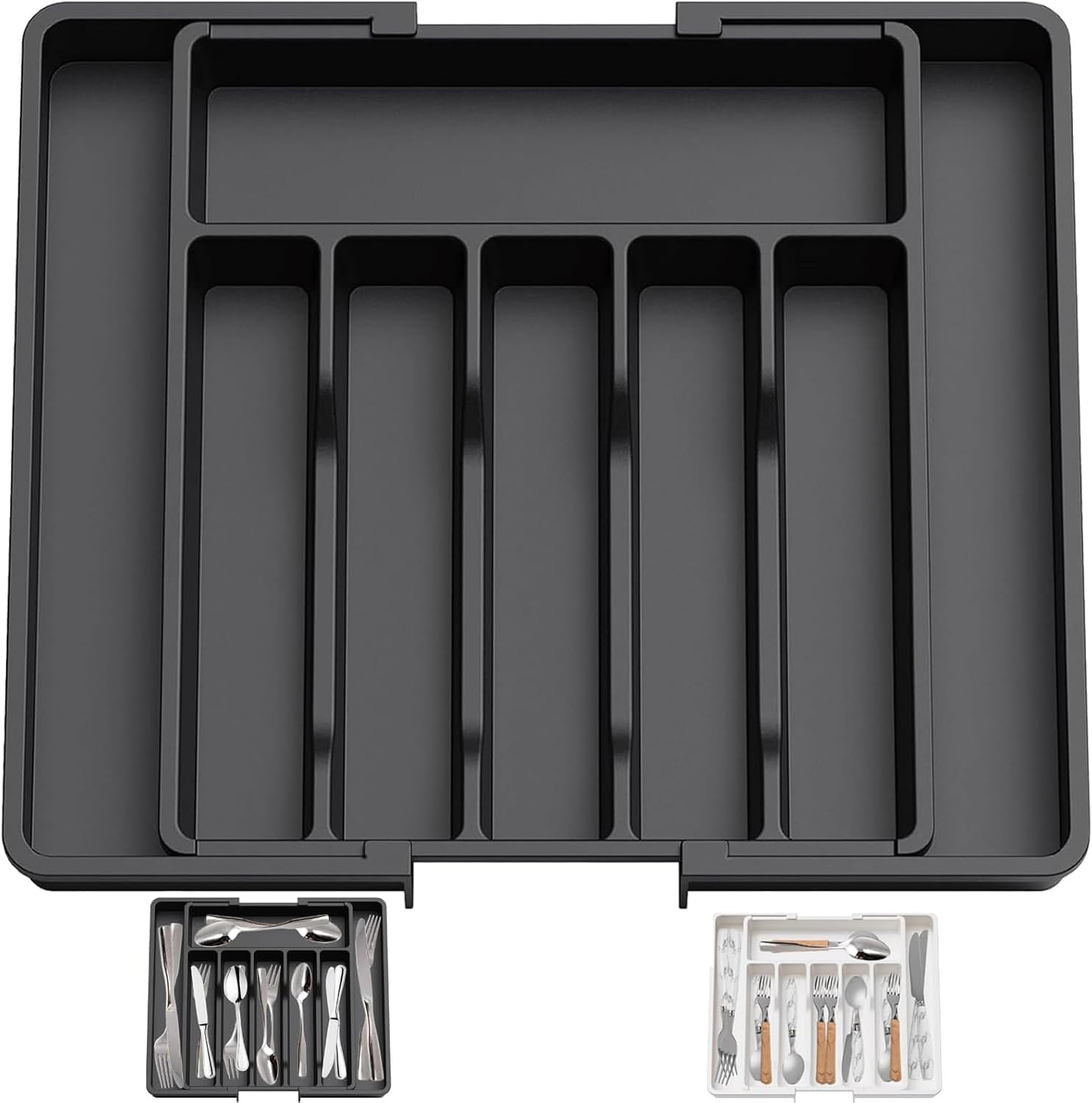 Expandable Cutlery Drawer Organizer, Flatware Utensil Tray for Kitchen, Adjustable Cutlery Storage for Forks, Knives, Multipurpose Kitchen Organizers (Black)