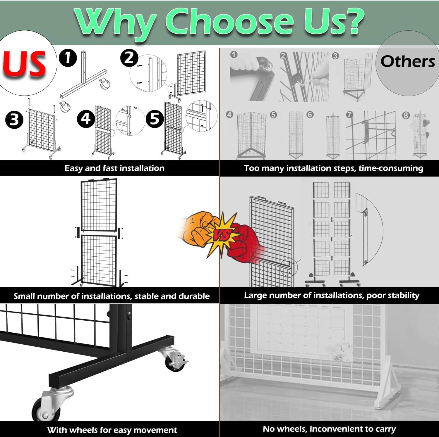 Lhysn Grid Wall Panel Display Stand, Retail Rack, Shop Display Rack, with 15 Hooks, Heavy Movable Detachable Gird Rack for Easy Transport, Party/Double Side Display Stand, for Shop/Office/Home (1 PC)