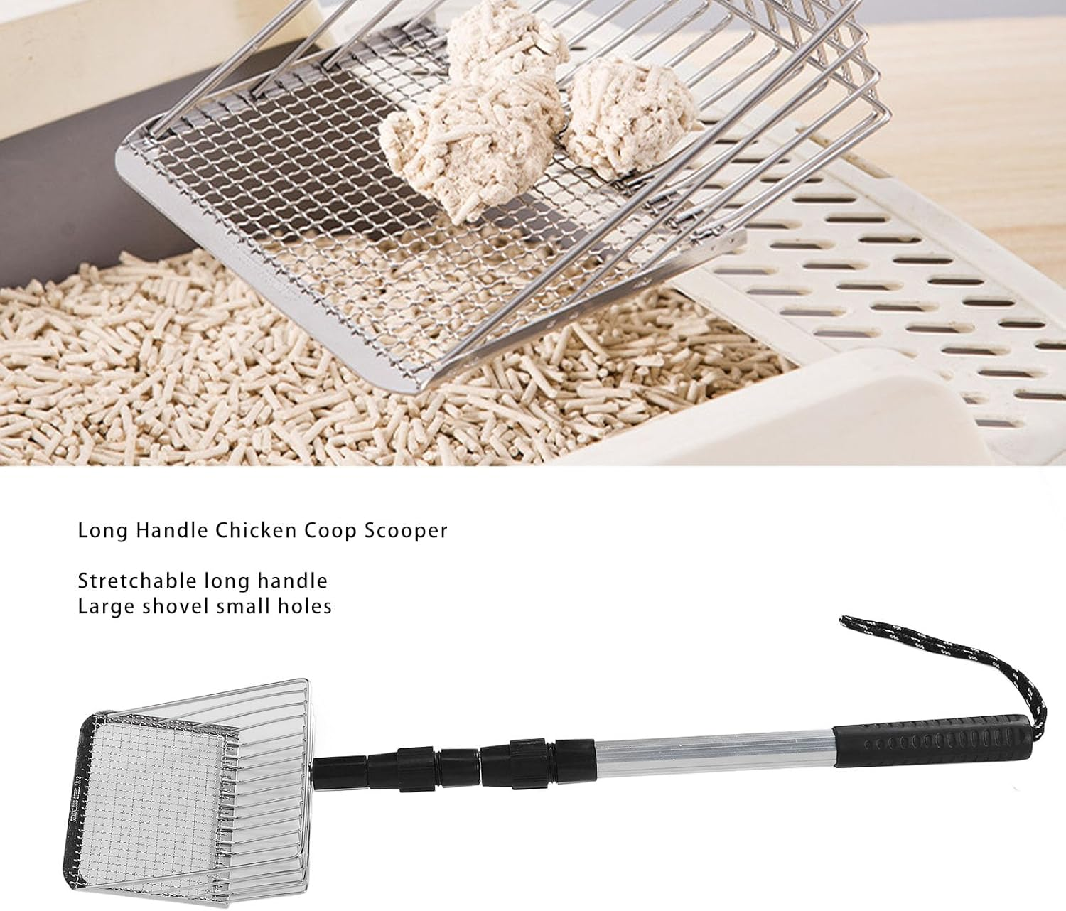 Chicken Poop Scooper, Stainless Steel Long Handle Cat Litter Sifter Stretchable Litter Scooper Chicken Poop Shovel, Chicken Coop Cleaning Tools Scoop for Chicken Coop Accessories image number 1