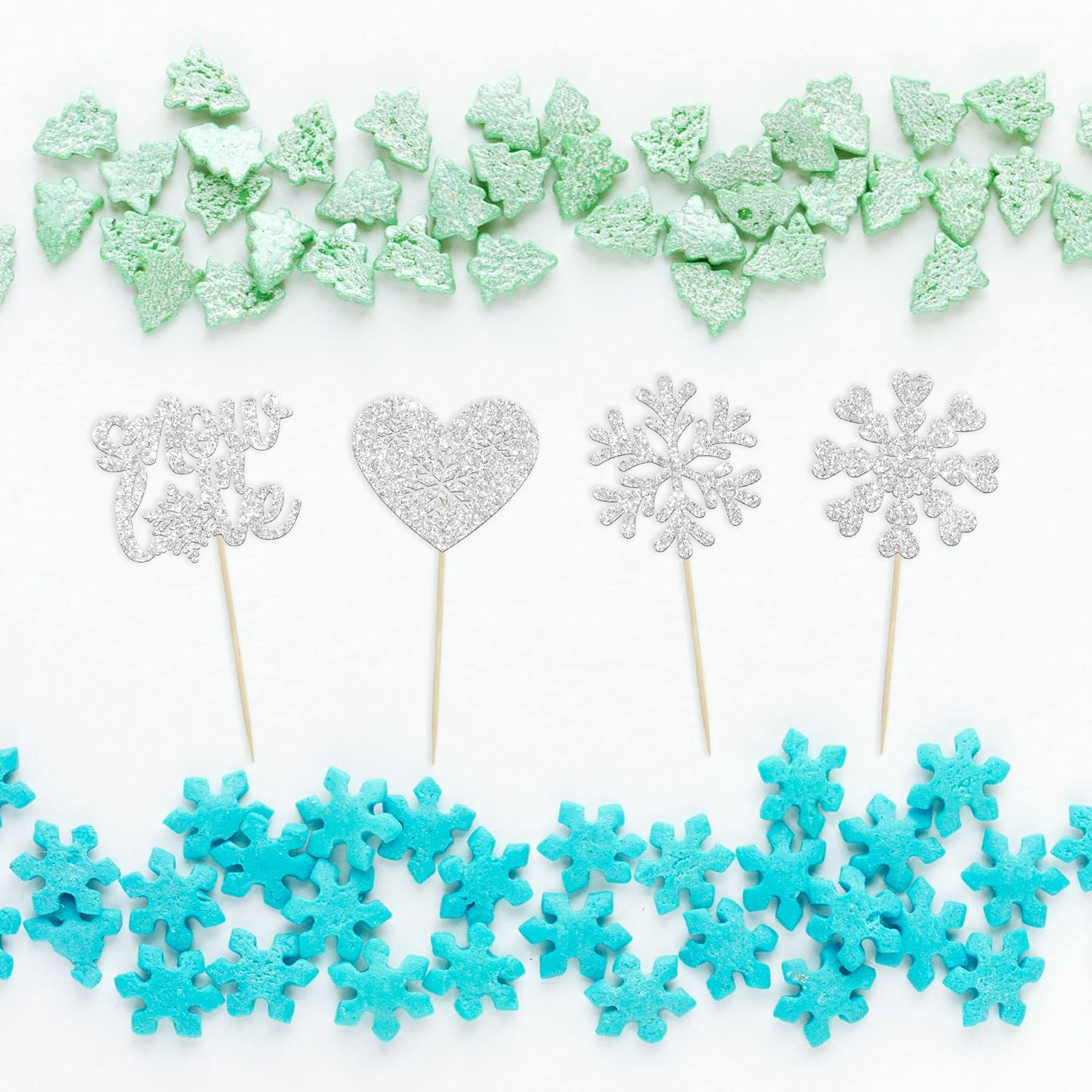 Gyufise 24Pcs Snowflake Cupcake Topper Silver Glitter Winter Heart Snow in Love Cake Toppers for Winter Wonderland Wedding Anniversary Decorations Bridal Shower Party Supplies image number 3