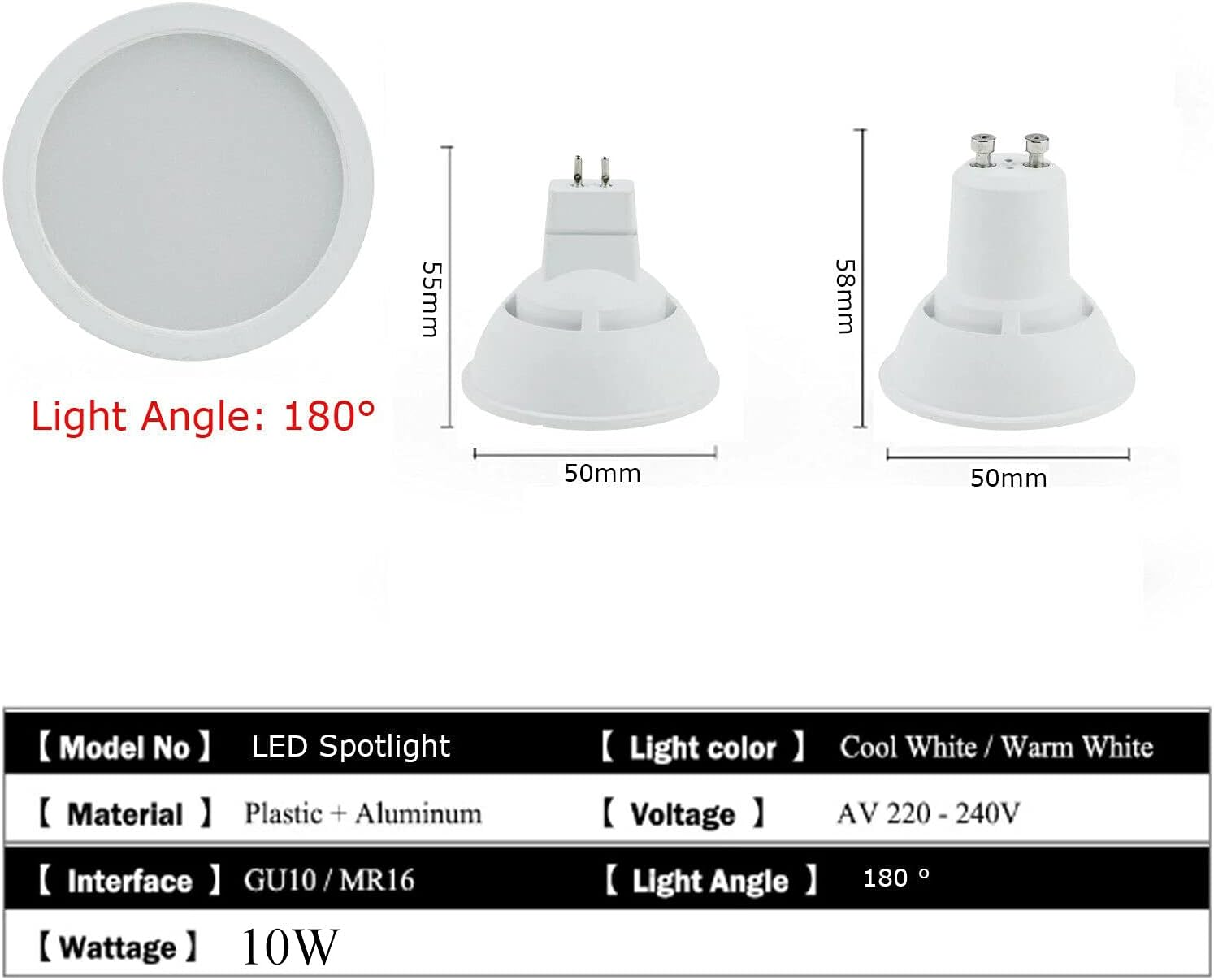 180 Degree Wide Beam Dimmable LED Spotlight Acrylic+Aluminum 10W GU10 MR16 220V&mdash;240V Bedroom Desk Lamp Bulb White Spotlight (6Pcs) - Cool White image number 6