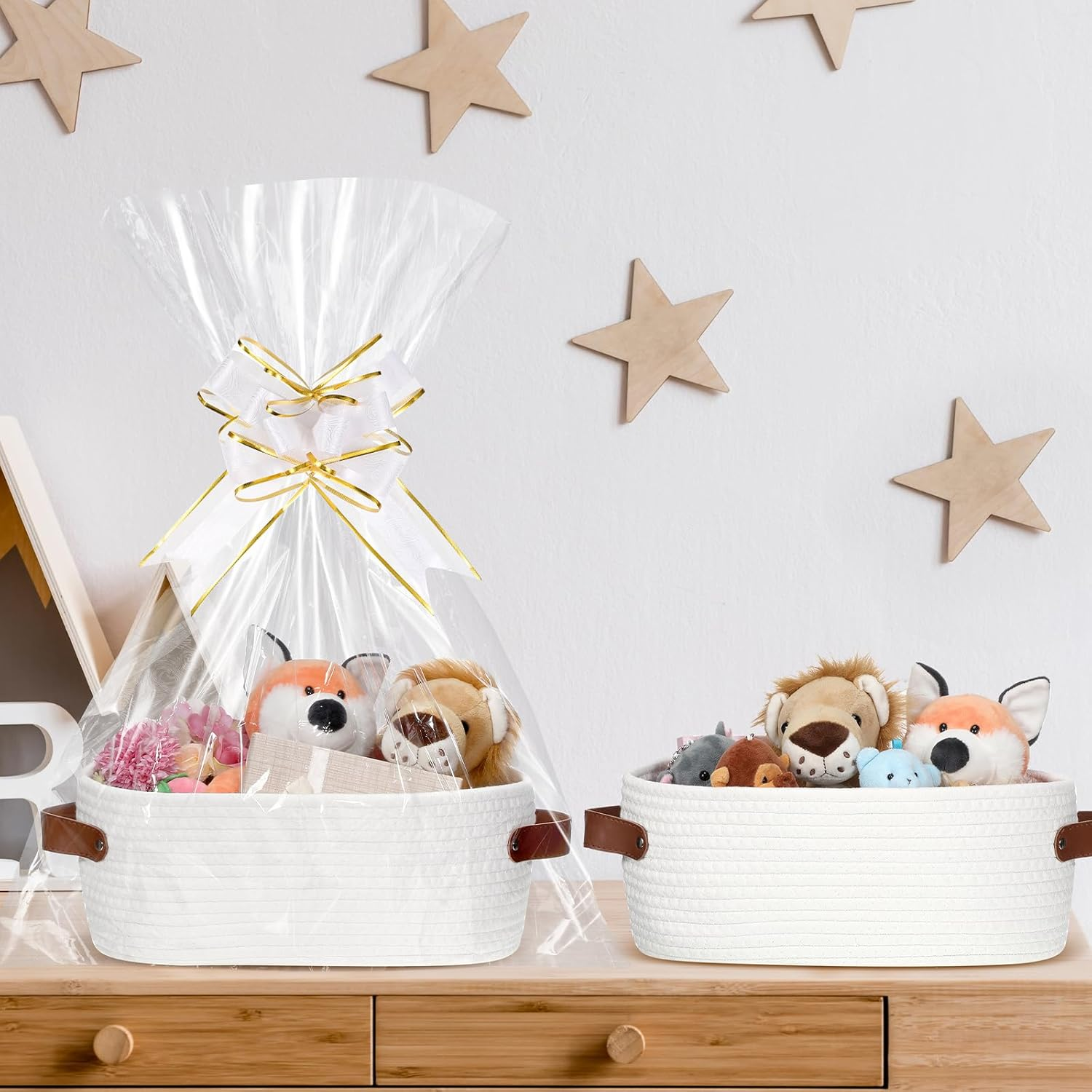 Colingmill 2 Pack Small Baskets for Gifts Empty with Handle Woven Basket with Bags and Ribbons Empty Storage Box Pet Toy Organizer for Baby Birthday Wedding Presents(White,13 X 8 X 6 Inch) image number 4