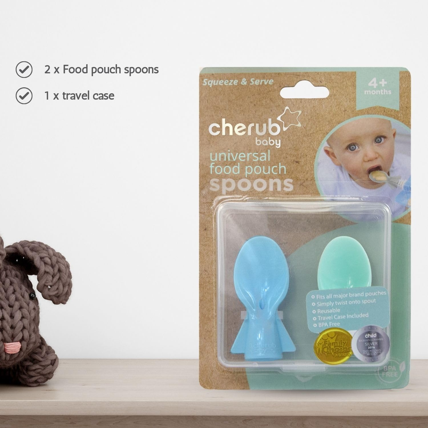 Cherub Baby Universal Reusable Non-Spill Baby Food Pouch Squeeze Spoon Topper Attachment 2 Pack with Travel Case - Cerulean/Sage - Dusty Rose/Sand image number 4