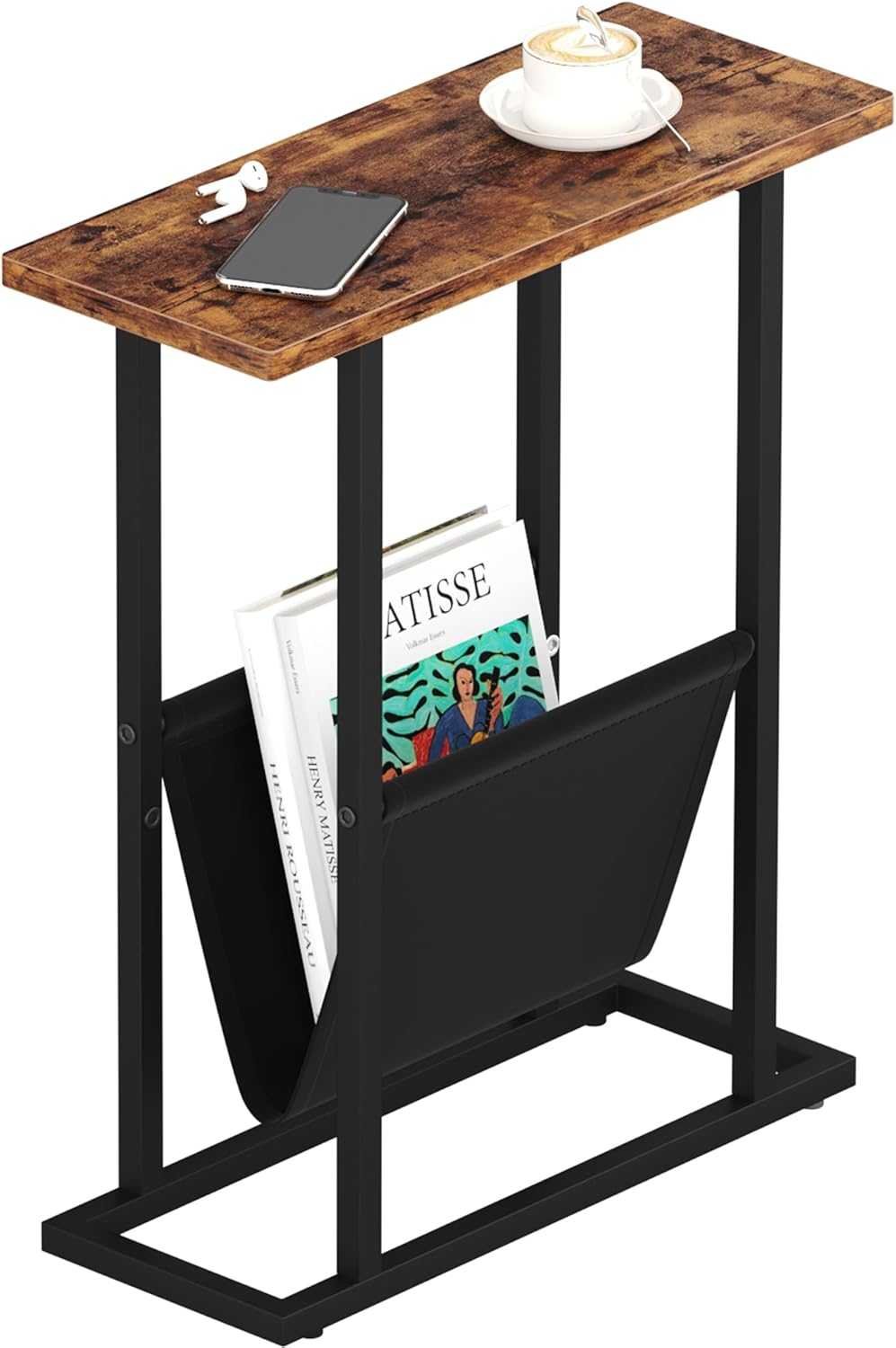 HOMEFORT Narrow End Table with Magazine Holder Slim Side Table for Living Room, Bedroom, Sofa Small Spaces, Rustic Brown