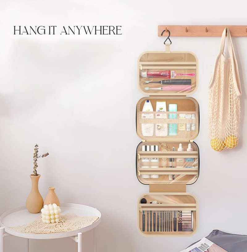 Hanging Toiletry Bag, 4 Sections Toiletry Bag Travel Bag Water-Resistant Portable Cosmetic Bag with Hanging Hook Multifunctional Travel Organizer for Toiletries, Cosmetics, Makeup, Brushes(Black) image number 3