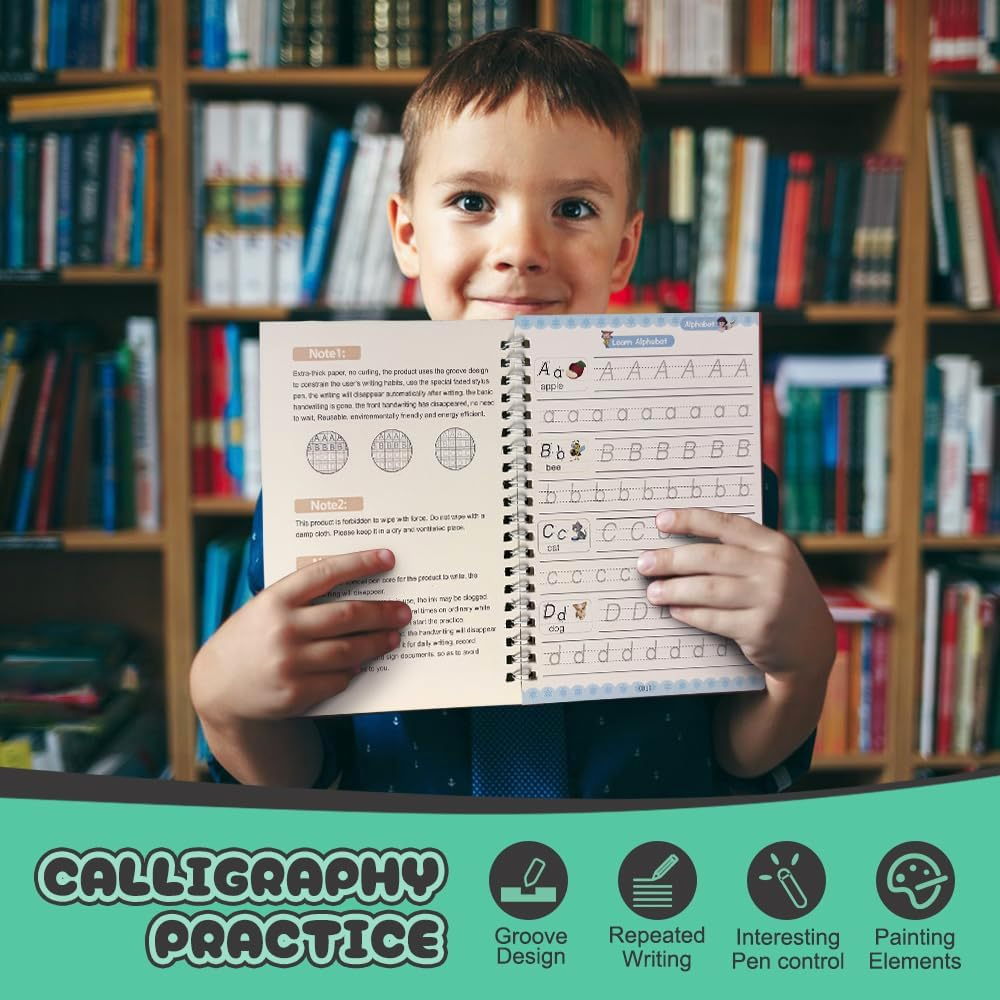 Chamgeco 4-Pack Reusable Magic Ink Practice Copybooks, Grooved Handwriting Workbook Caligraphy Beginners Set with Pen Refill, Preschool Number Letter Tracing Writing Book for Kids Ages 3-6 image number 6
