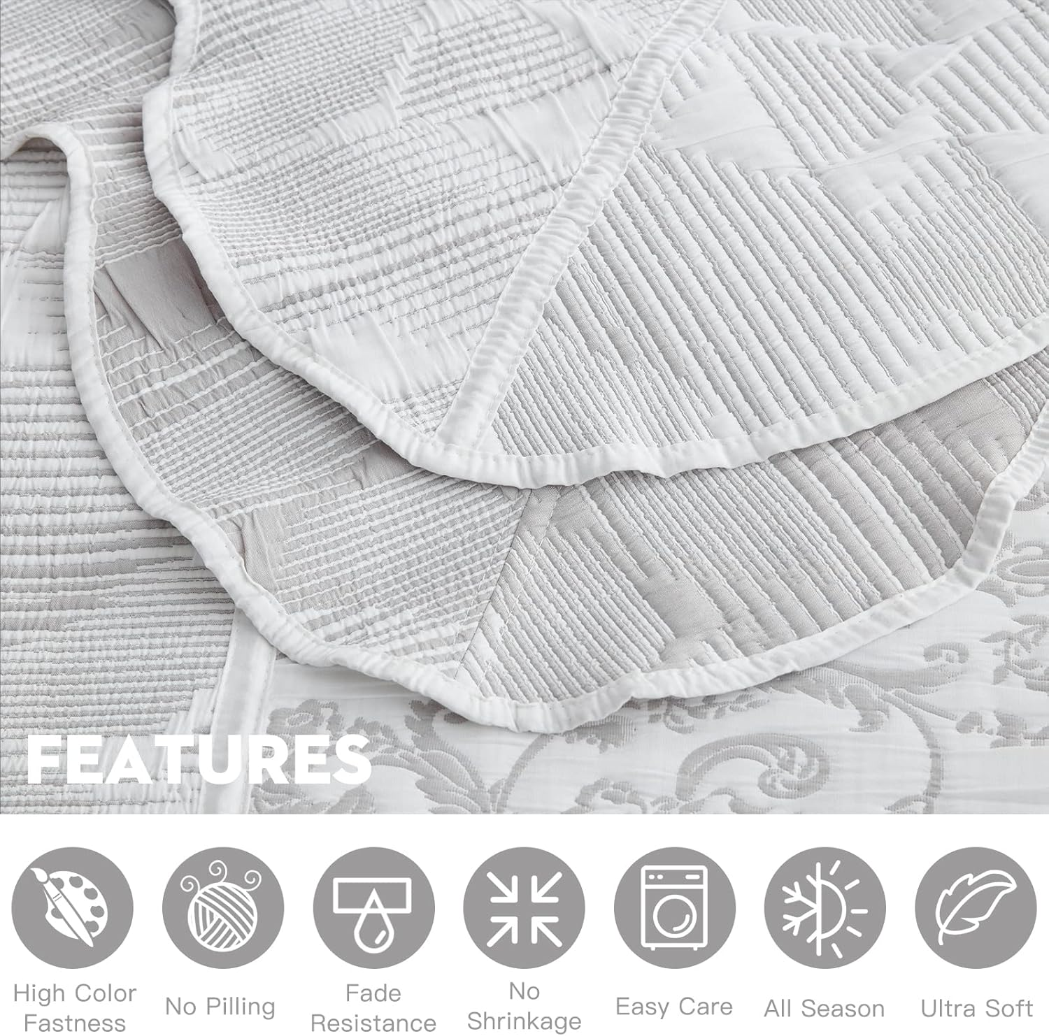 Blythease Oversized King Bedspread, Jacquard Matelasse Damask Pattern Design, Lightweight, Reversible, 5 Piece, 100% Microfiber, Gray image number 3