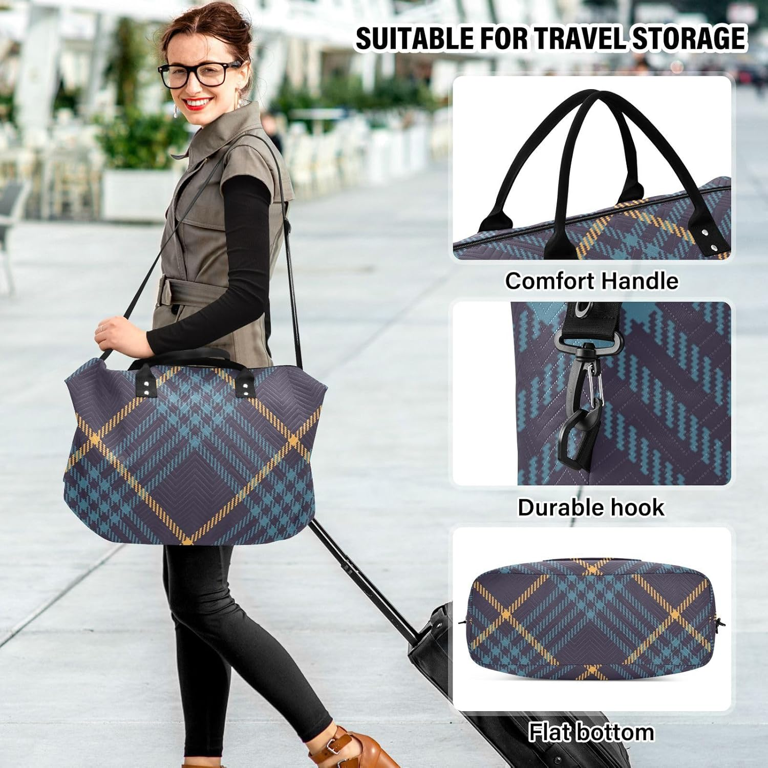 Luggage Travel Bag Carry on Personal Item Bag Navy Blue Yellow Buffalo Plaid Tartan Check Scotland Gym Bag With, Navy Blue Yellow Buffalo Plaid Tartan Check Scotland, Set of 2, Art Deco image number 2