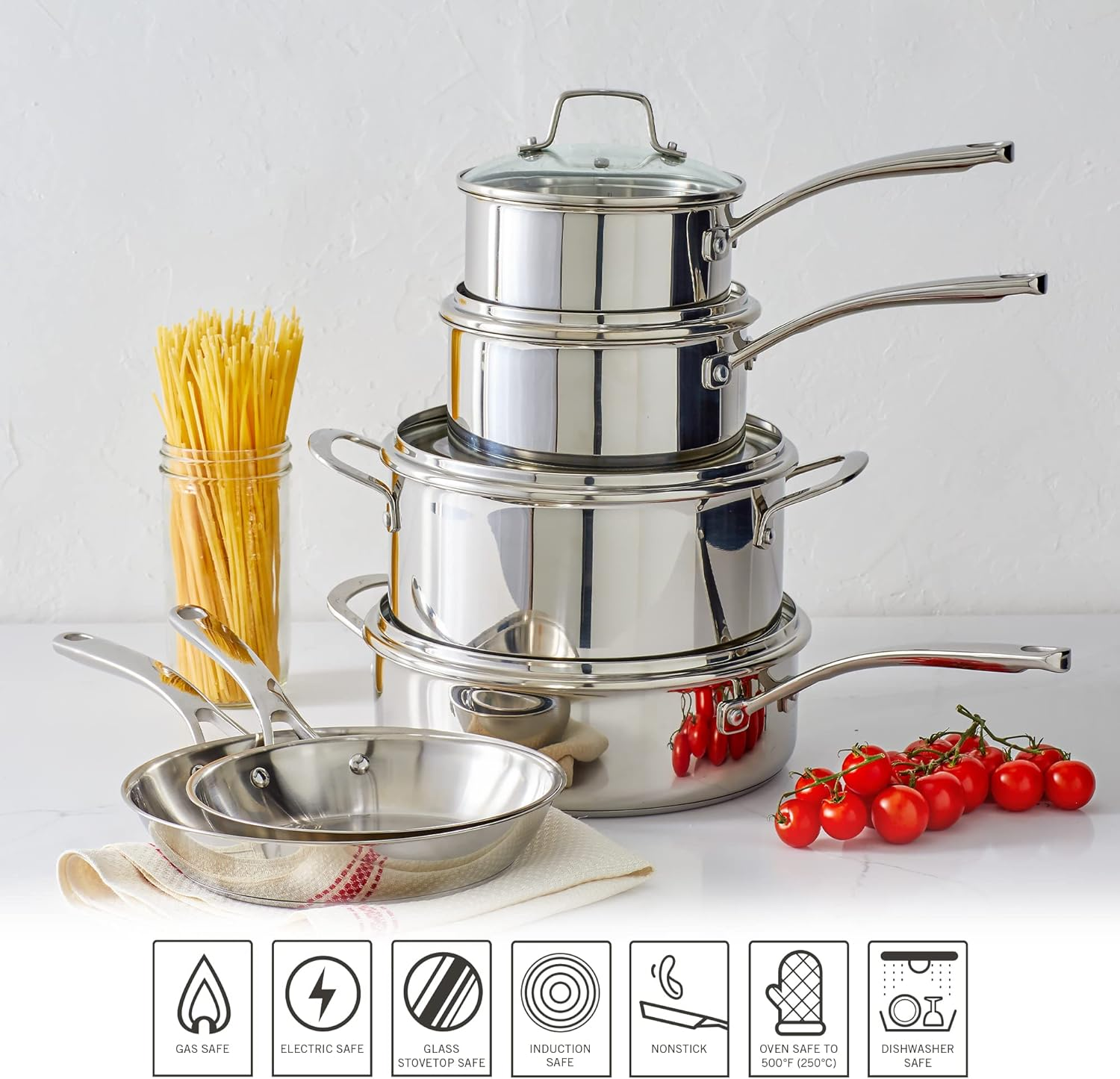 Martha Stewart Castelle 10 Piece 18/8 Stainless Steel Induction Safe Pots and Pans Non-Toxic Cookware Set