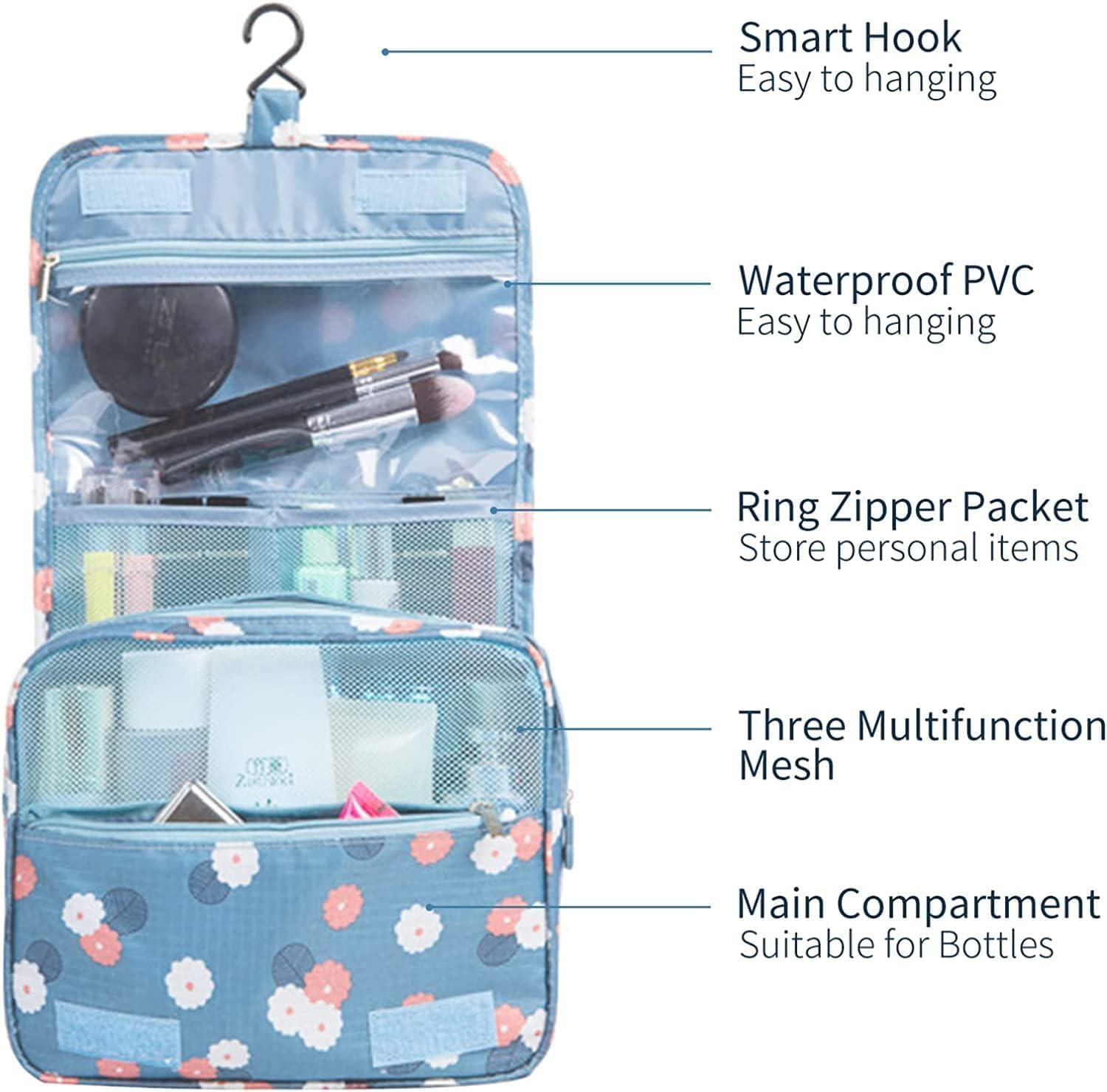 Hanging Foldable Travel Toiletry Bag, 1Pc Hanging Travel Toiletry Bag with Hook, Hang Travel Makeup Organizer Toiletries Bag for Women image number 6