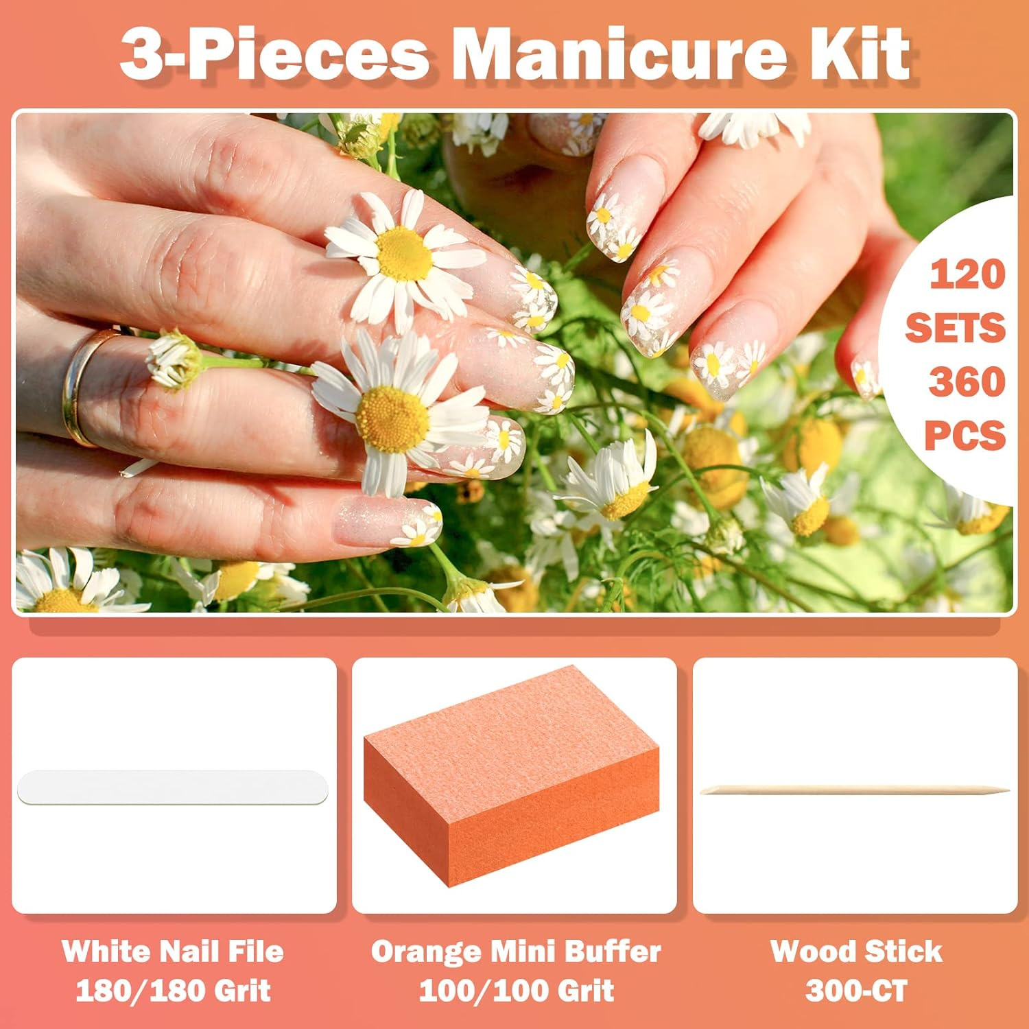 120 Sets Disposable Manicure Kit Basics 3 Pieces Nail Kit, White Wood Nail File 180/180 Grit, Orange Mini Buffer 100/180 Grit, Individually Packed Mini Pedicure Set for Fingernails Toenails