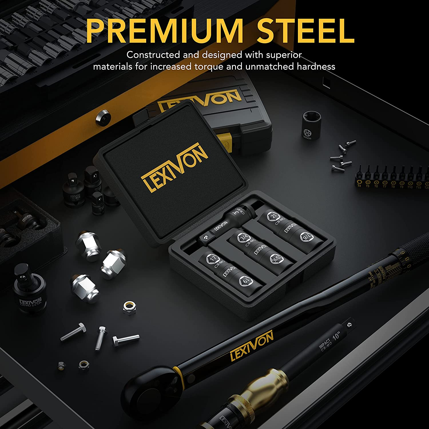 LEXIVON 1/2-Inch Impact Socket Set, 6 Total Lug Nut Sizes | Innovative Flip Socket Design, Covers Most Commonly Used Inch & Metric Wheel Nuts | Cr-Mo Steel, Full Impact Grade (LX-111) image number 2