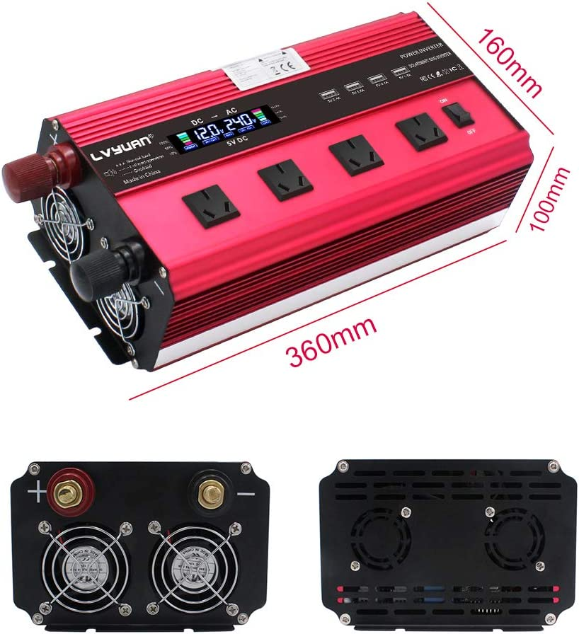 Yinleader 2500W DC 12V to 240V AC Power Inverter 4 AC Outlets W/Remote Control LCD Display 4 USB Ports Charge for Car/Boat/Truck image number 3