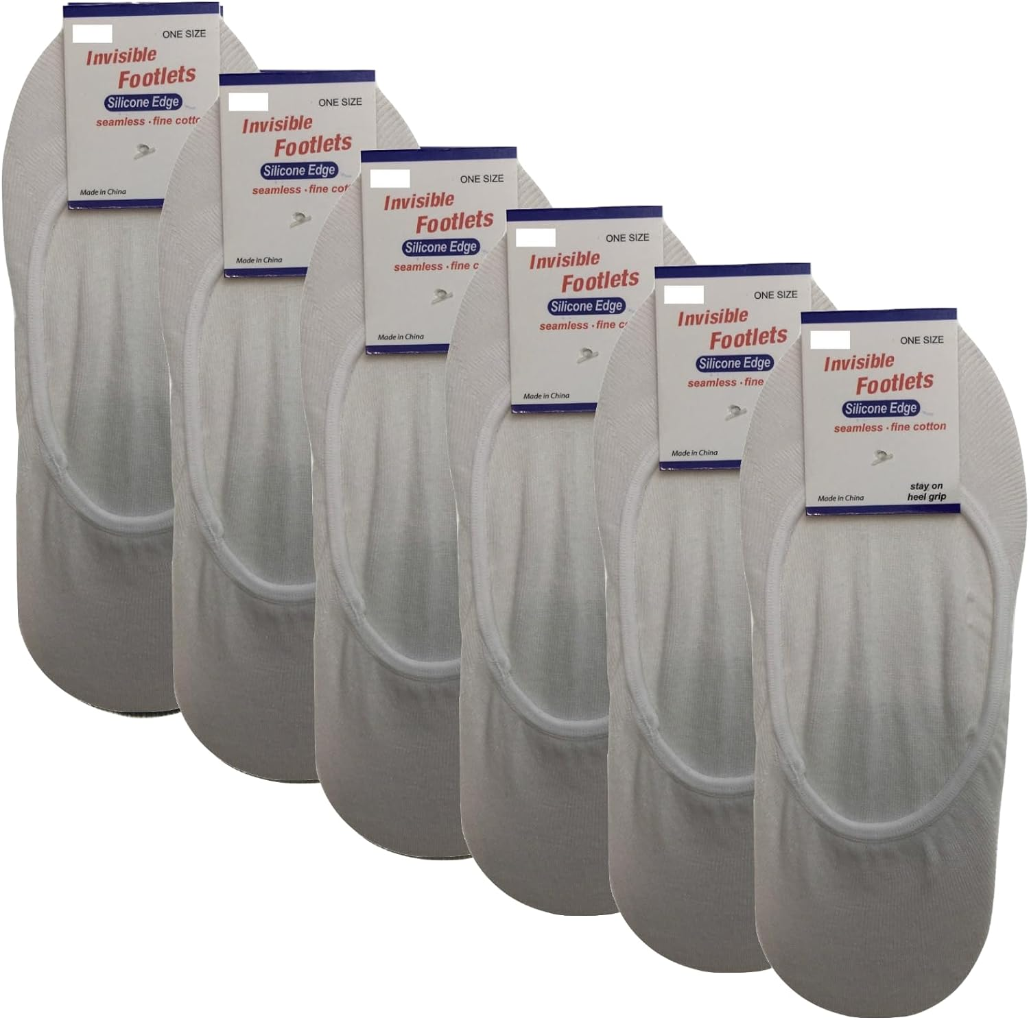 Heel Grip Invisible Footlet Seamless Cotton Socks, White, Size 2-8 (6 Pairs)
